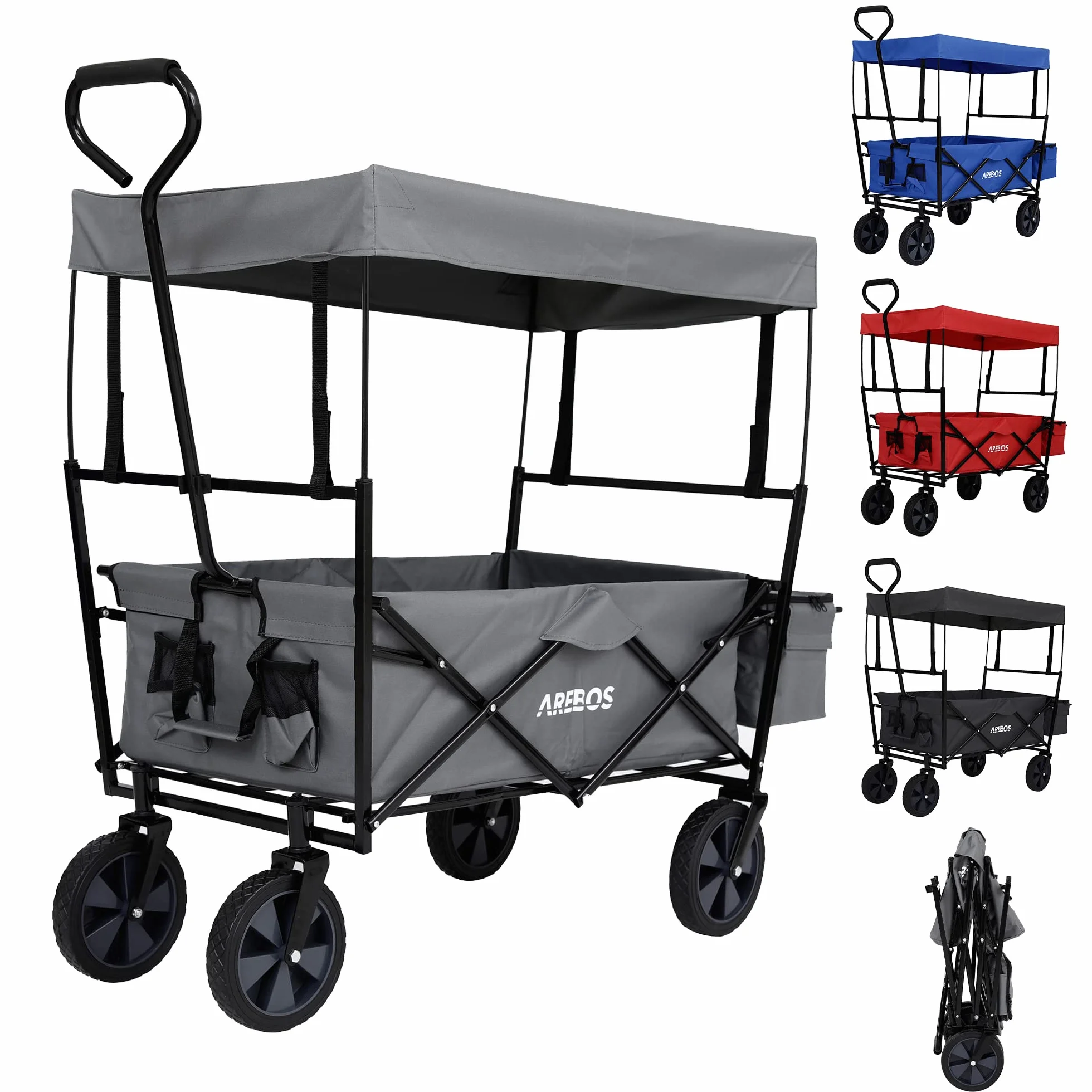 Arebos Bollerwagen faltbar mit Dach | Handwagen | Transportwagen | Faltwagen | Gerätewagen inkl. 2 Netztaschen und Einer Außentasche | faltbar | bis 70 kg Tragkraft | 360° Vollgummireifen | Grau