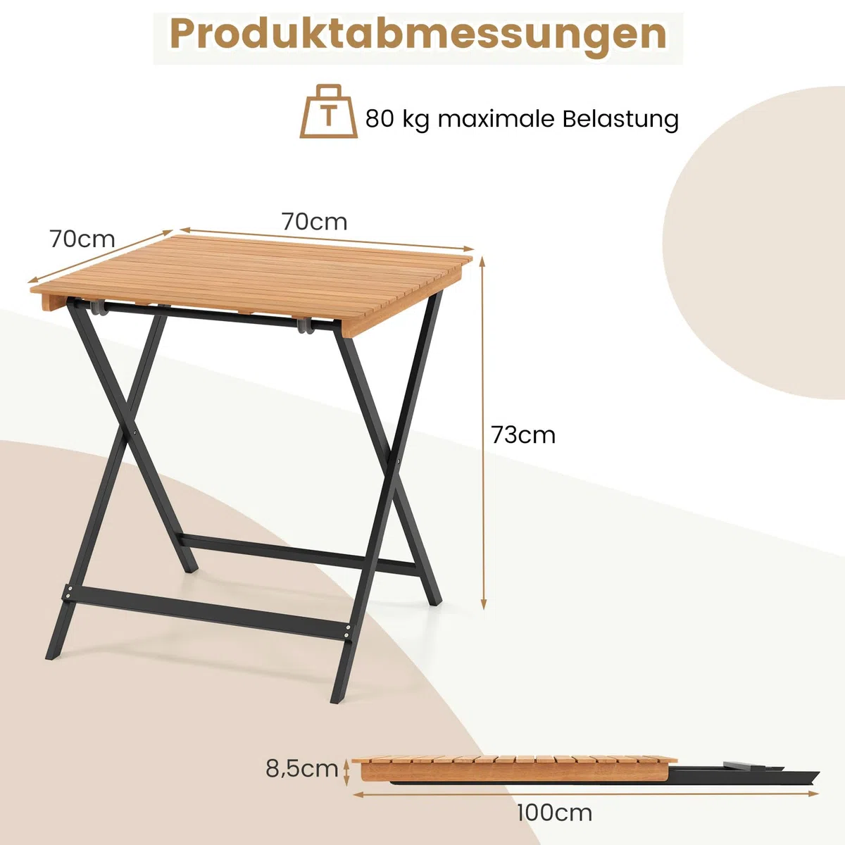 COSTWAY Gartentisch Klappbar Holz, Holztisch Wetterfest, Klapptisch aus Akazienholz, Balkontisch, quadratischer Esstisch für Garten, Balkon, Terrasse, 70 x 70 x 73 cm