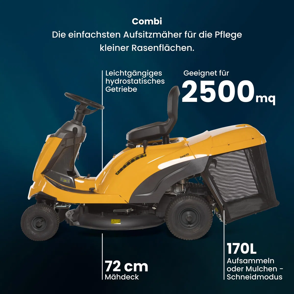 STIGA Combi 372 Aufsitzmäher, 414 cc, 72 cm, 170 L – Hydrostatisches Getriebe, Mulchfunktion – Rasenflächen bis 2.500 m²