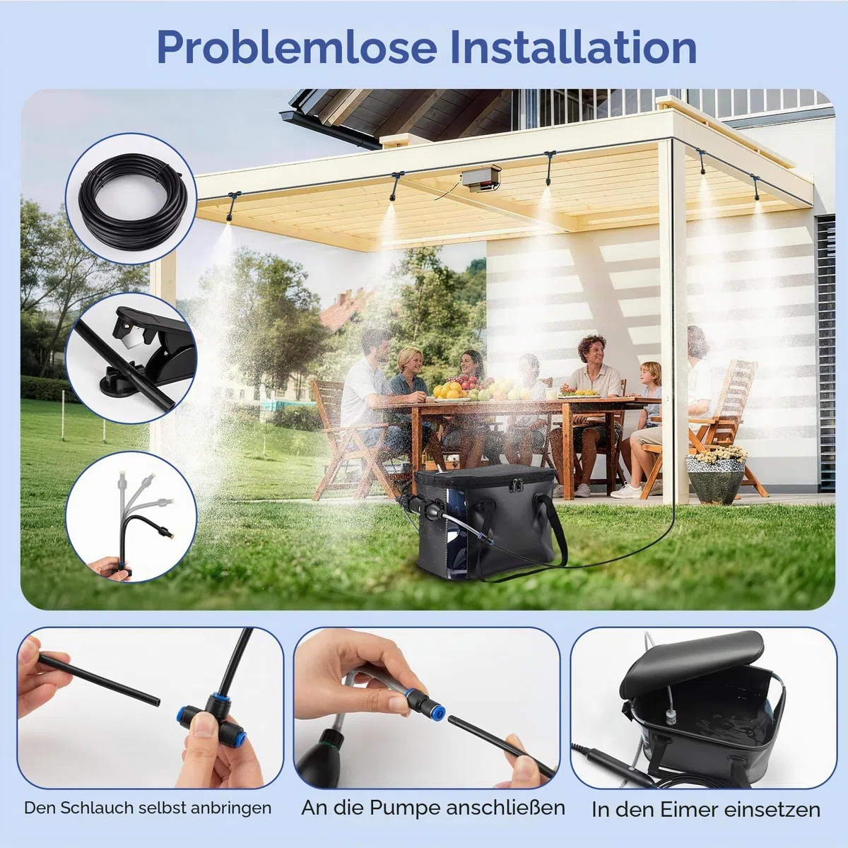 26 FT Tragbare Misters für Außenterrasse - Outdoor-Misters für Sommerkühlung, tragbares Besprühungssystem mit 4500mAh Wasserpumpe, 20L Eimer, 8 Düsen, Wassernebler für Terrasse/Schirm/Camping