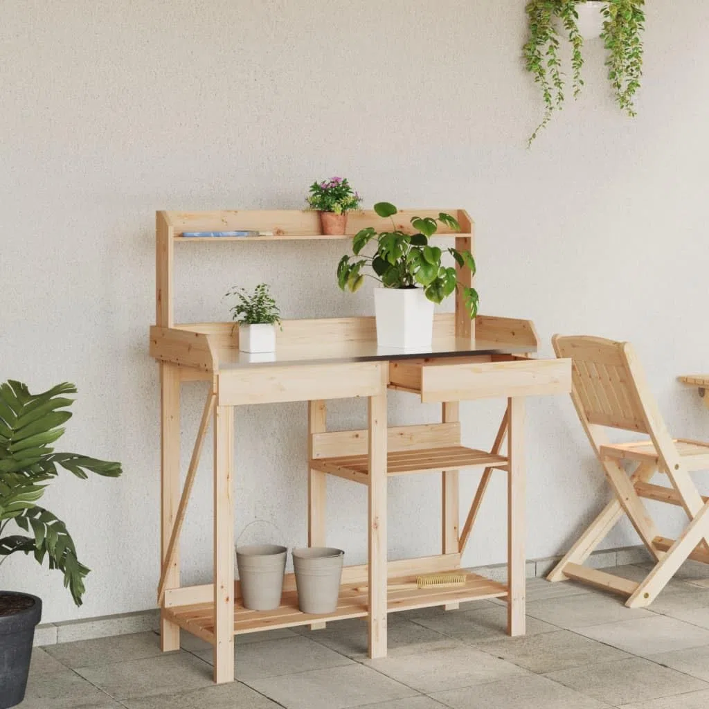 vidaXL Pflanztisch, Gärtnertisch mit Ablage Schublade, Arbeitstisch für Garten Terrasse, Blumentisch Umtopftisch, Massivholz Tanne