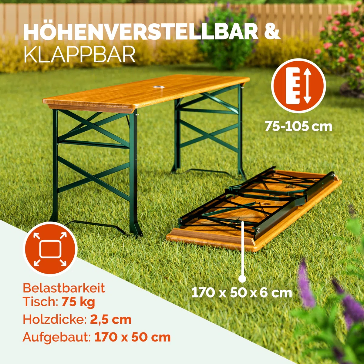 Deuba Bierzelttisch Höhenverstellbar Klappbar Hoch Outdoor Breit Holz XXL Buffettisch 170cm Bierzeltgarnitur Stehtisch Bartisch Partytisch Klapptisch
