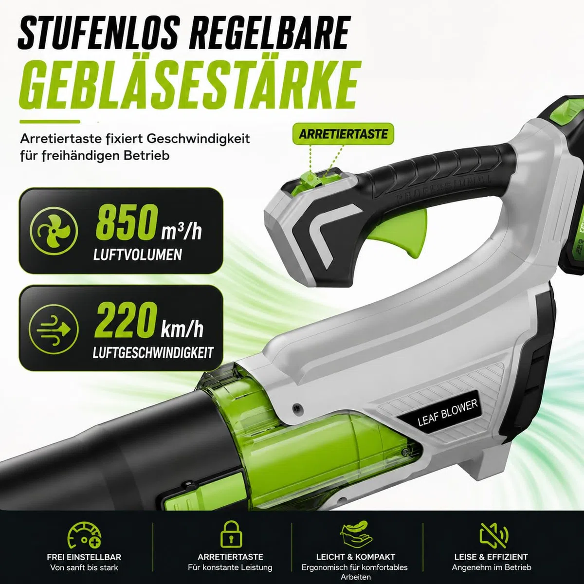 Akku Laubbläser 21V mit 2x4,0AH Akkus, 850m³/h Stufenlose Drehzahlregelung | Laubbläser Benzin Leistungsstarker Luftstrom von 220km/h für schnelles Entfernen von Laub, Staub und Grasschnitt