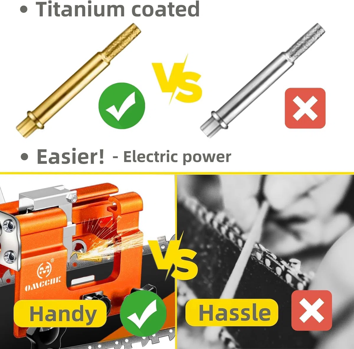 Kettensägen-Schärfwerkzeug mit 10 titanbeschichteten Diamantschleifköpfen, universell tragbares Hand-Schärfgerät für Sägeketten, passend für 4" – 22" Kettensägen