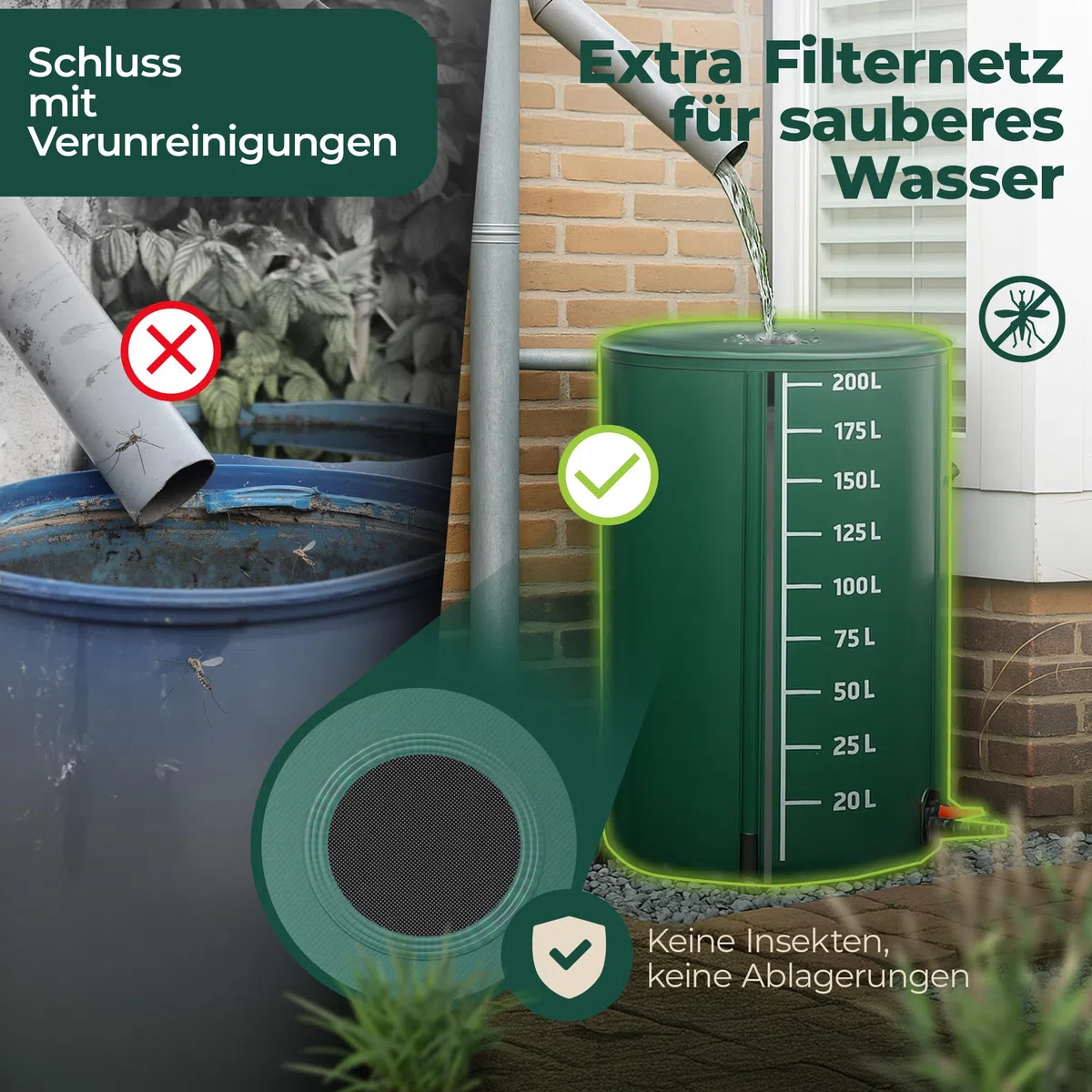 Regentonne faltbar 200L – Regenfass/Regenwassertonne/Wassertank faltbar – Wasserfass stabil – witterungsbeständig – mit Füllstandsanzeige & Air Wing System (Grün, 200L)