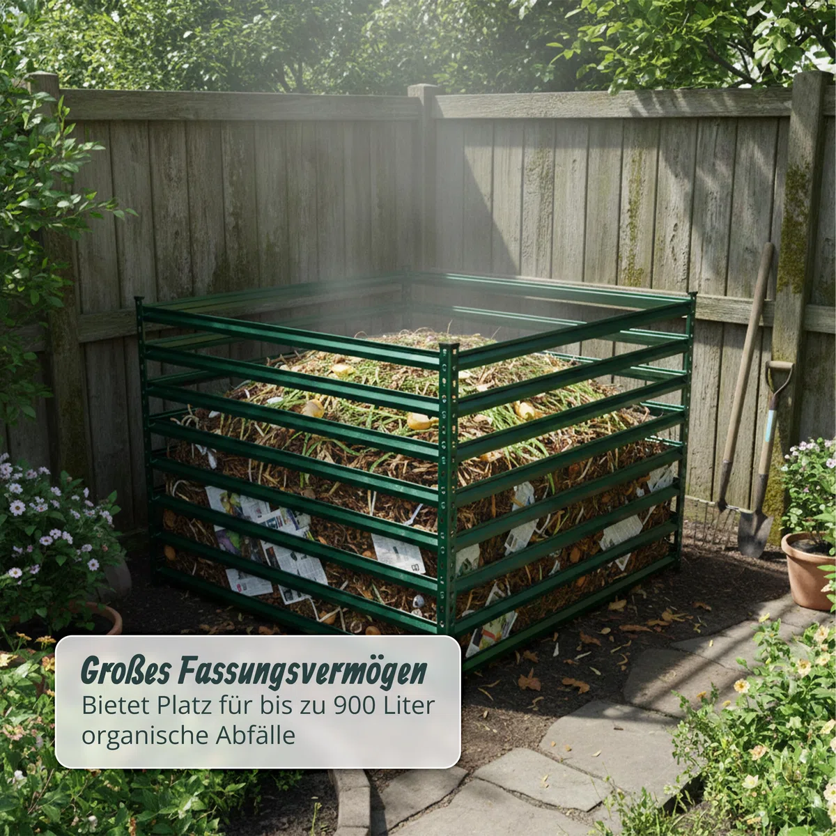 Relaxdays Komposter Metall, Biokomposter Garten, HBT: 90 x 100 x 100 cm, 900 Liter, Laubkomposter, Streben, Stahl, grün