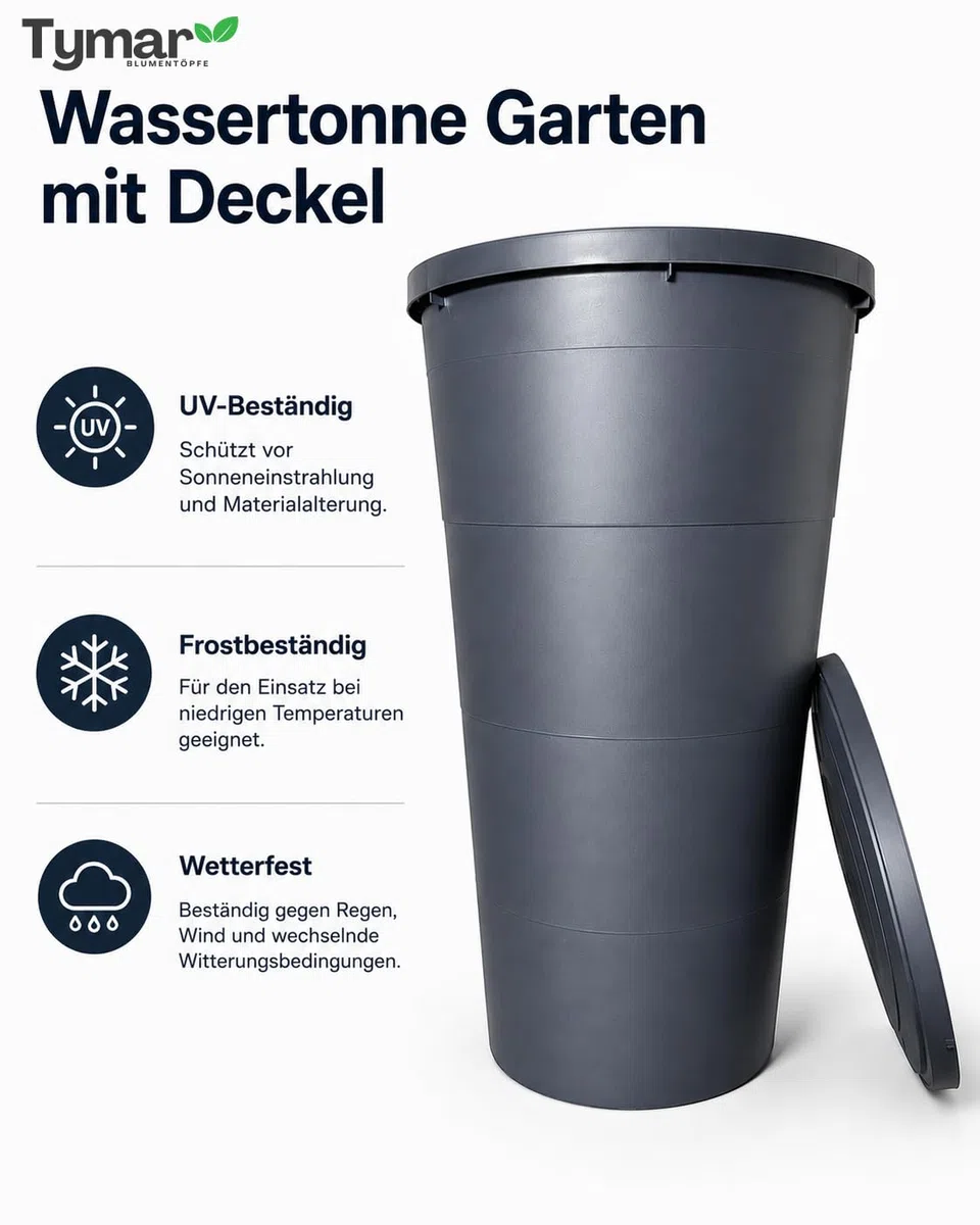 Tymar Regentonne Anthrazit, Regenfass 200L, Wassertonne mit Wasserhahn, Regenwassertank für Garten & Balkon, Regenwassertonne Ø60x107cm_IDSM