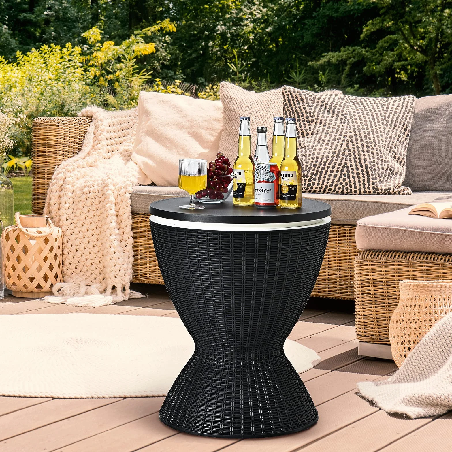 COSTWAY 3 in 1 Cool Bar, höhenverstellbarer Beistelltisch, 30L Outdoor Bier- und Weinkühler in Rattanoptik, Getränkekühler mit Abflussloch, für Terrasse, Party, Poolbereiche, Schwarz