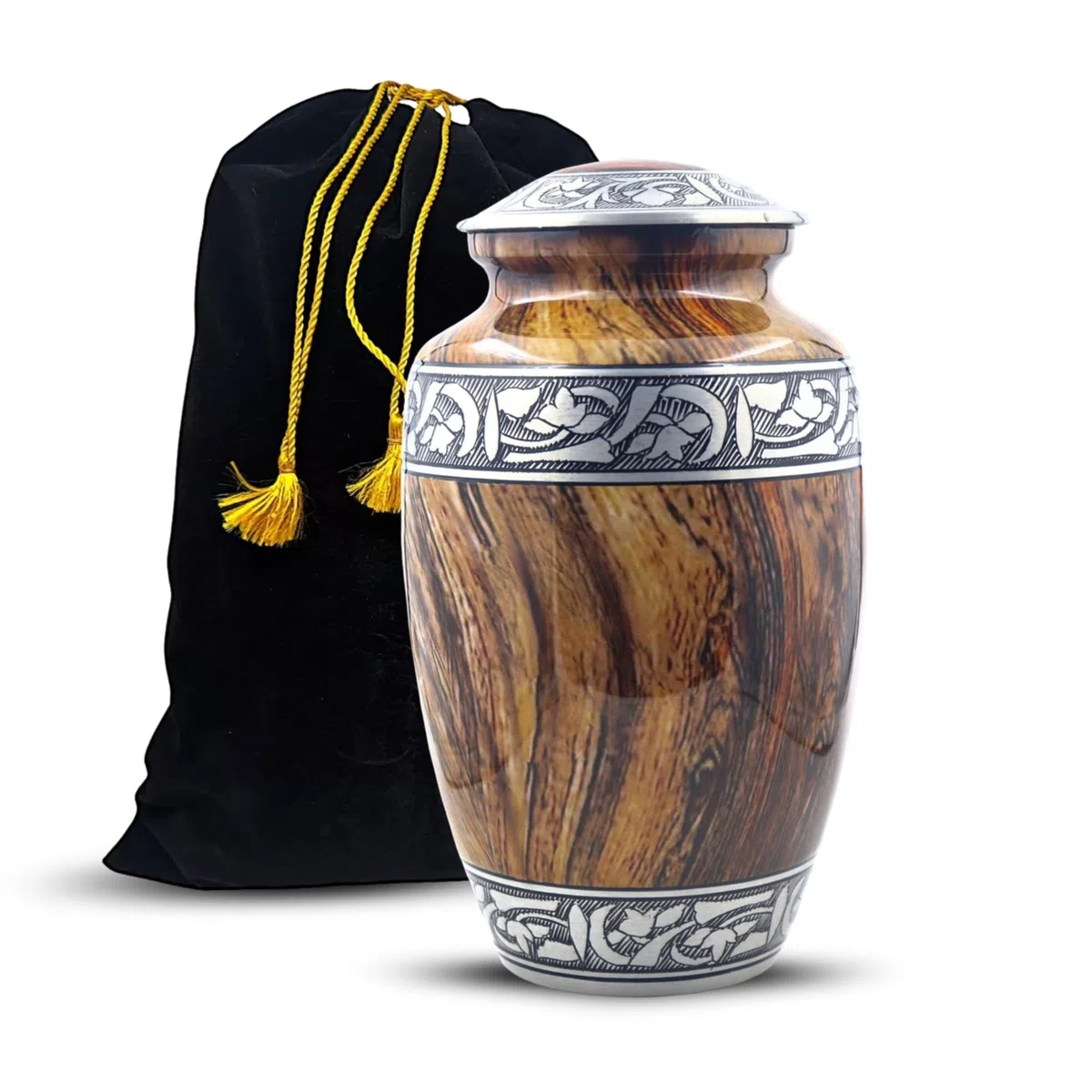Gravierte silberne Blumen-Urne für Erwachsene – große handgefertigte Columbarium-Urne – Holz-Textur, 512 cm³ – inkl. Tasche