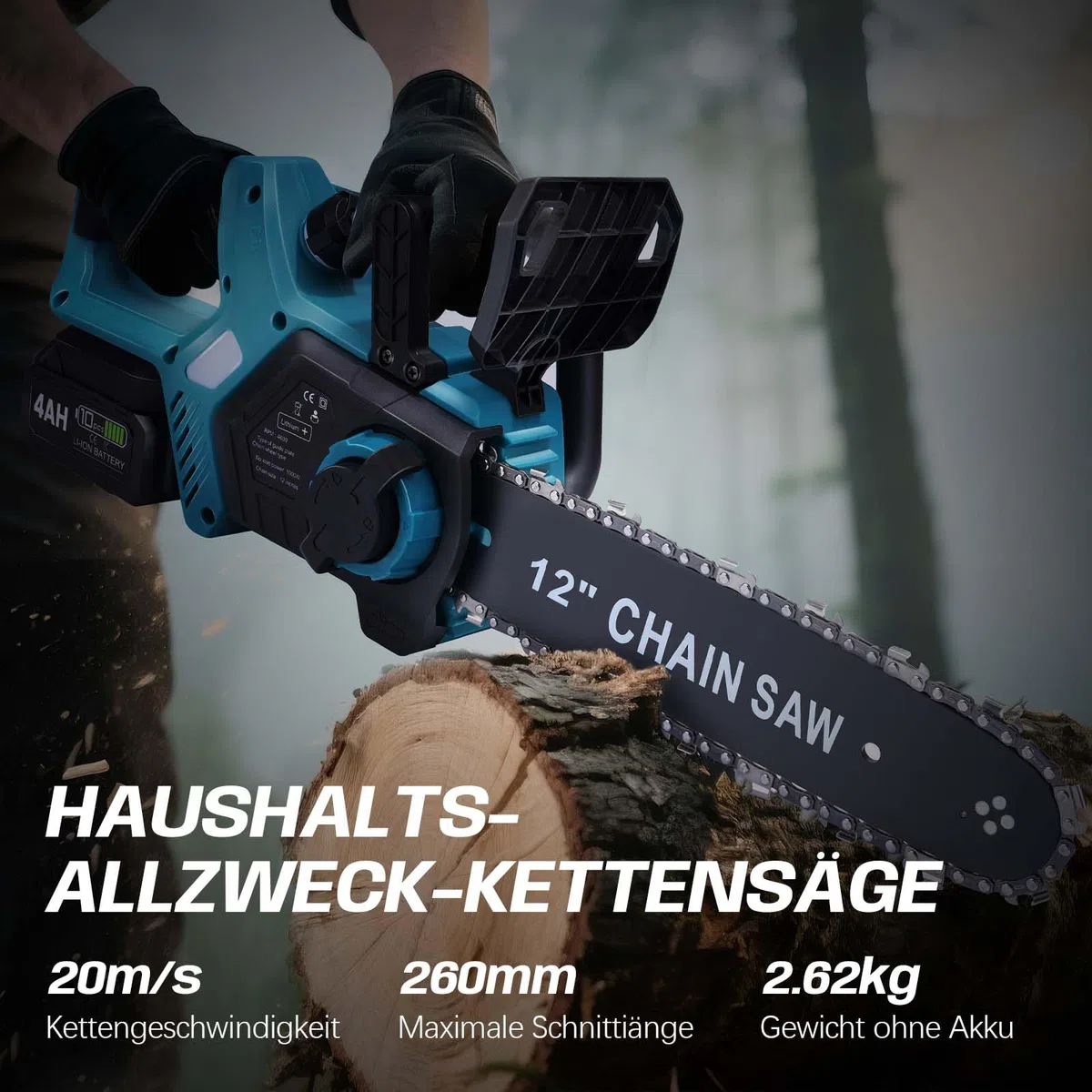 Akku Kettensäge 12 Zoll, Elektro Kettensäge kompatibel mit Makita 18V Akku | 1000W Bürstenloser Motor | Automatische Kettenschmierung | Werkzeuglose Kettenspannung | 30cm Schwertlänge (ohne Akku)