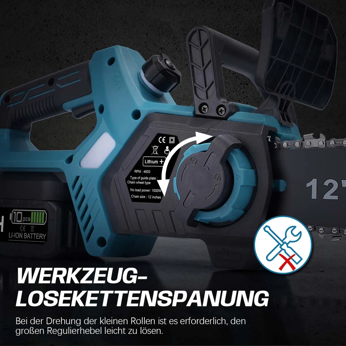 Akku Kettensäge 12 Zoll, Elektro Kettensäge kompatibel mit Makita 18V Akku | 1000W Bürstenloser Motor | Automatische Kettenschmierung | Werkzeuglose Kettenspannung | 30cm Schwertlänge (ohne Akku)