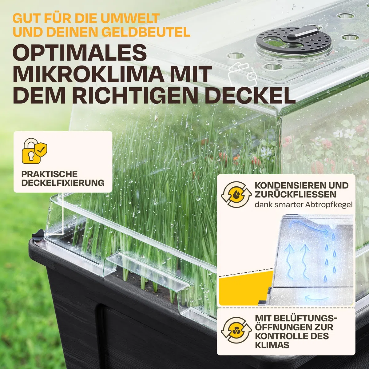 Ondis24 Garten Hochbeet Blumenkübel Victoria für Balkon, Pflanzkasten mit Gewächshaus, Volumen 50 L, Wasserspeicher, Tröpfchenbewässerung, abnehmbare Füße, Outdoor geeignet (2, Anthrazit)