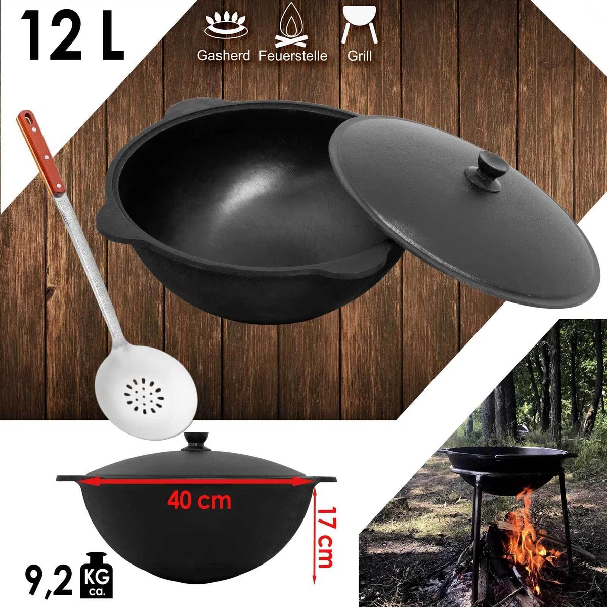 Wok Gusseisen 12 L (runder Boden) Kazan mit Schaumkelle NAMANGAN Uzbek Kasan Uzbekisch Asia WOK Cast Iron KESSEL Camping Usbek Schwenktopf Topf mit Aluminium Deckel Grillwok Gusstopf Wokpfanne