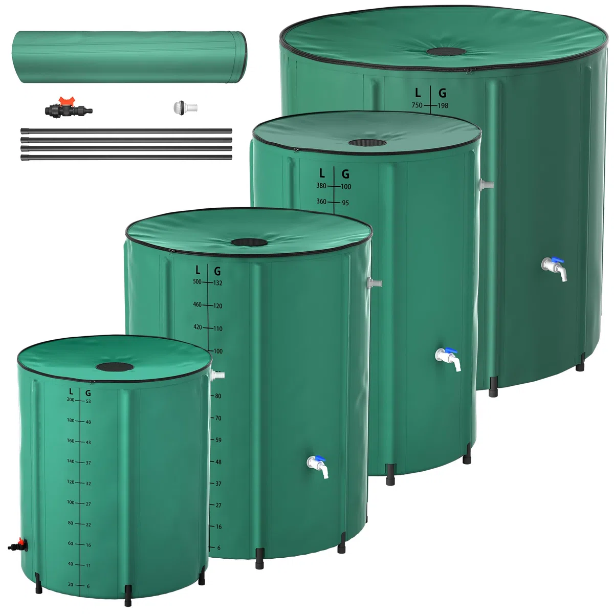 750L Faltbare Regentonnen 150 Gallonen Wasserauffangbehälter mit Wasserhahn, Skala & Ablauf Tragbare Regenwassertonne mit Stützstab Grün Wassertank zum Sammeln von Regenwasser Garten Regentank