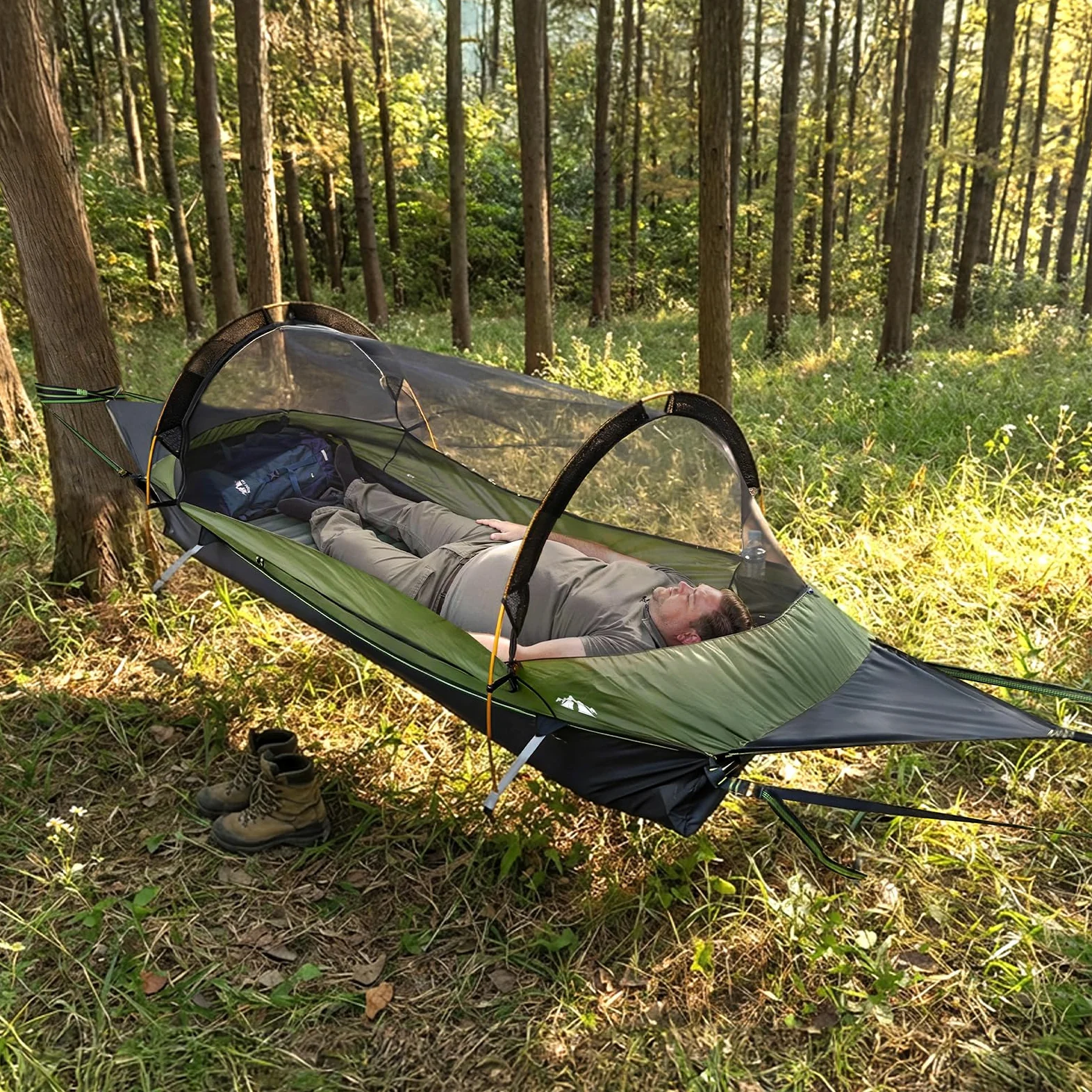 Night Cat Hängemattenzelt mit Flachem Boden für 1 Person mit Moskitonetz Wasserdichter Abdeckung und Zusätzlichem Stauraum Wandern Camping im Garten Hinterhof Wild