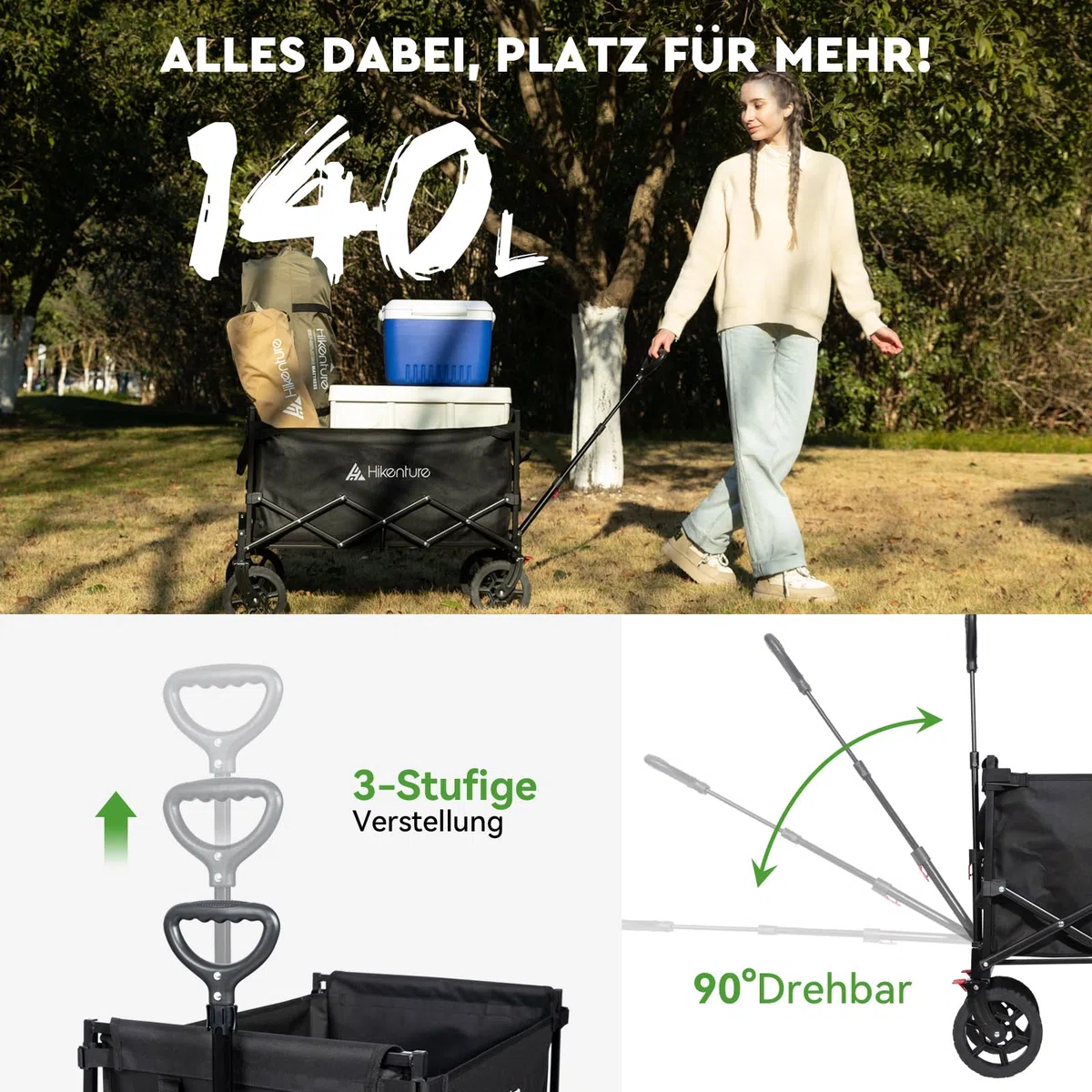 HIKENTURE Bollerwagen Faltbar mit Bremen - 140 Liter Volumen & 150KG belastbar - Extrem Faltbarer Bollerwagen - Klappbarer Handwagen Einkaufstrolley für Strand Camping Einkauf