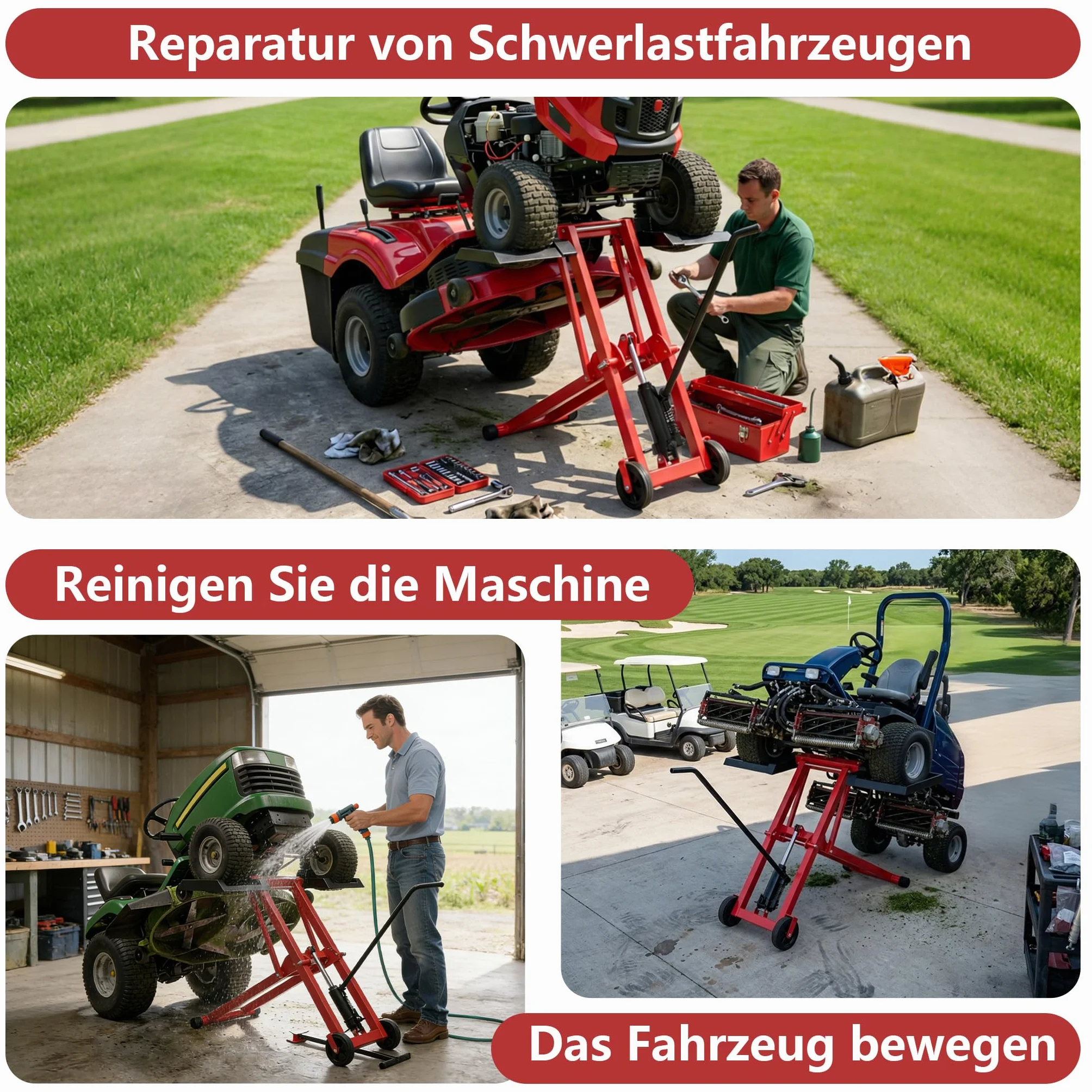 XMTECH Hydraulischer Rasentraktor Heber 227 kg – Rasenmäher Traktor Hebebühne für Aufsitzmäher & ATV, 3-fach höhenverstellbar bis 65,5 cm, klappbar, Rasentraktor Zubehör Hebevorrichtung