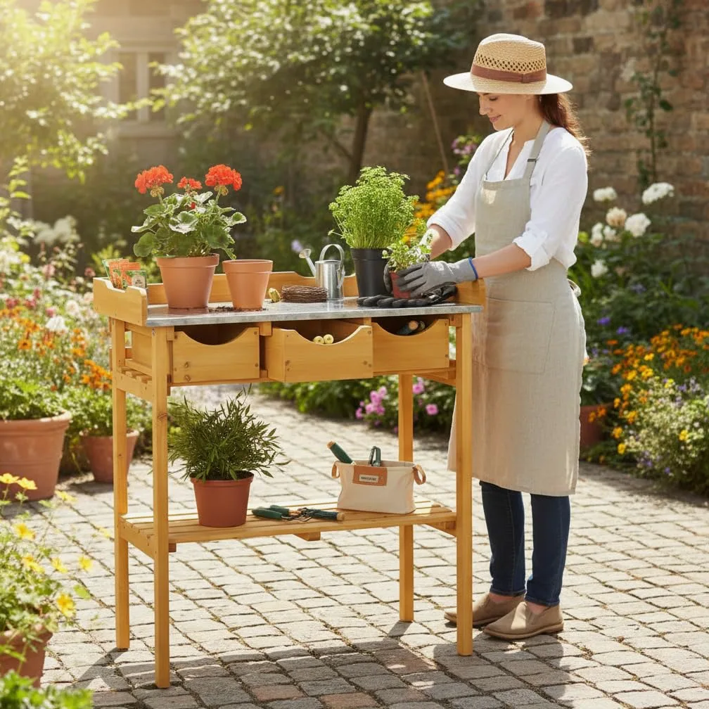 Melko Gartenarbeitstisch Gartentisch Pflanzentisch mit DREI Schubladen im Landhausstil aus Fichtenholz für den Außenbereich, 80 x 40 x 82 cm, Honigton Braun