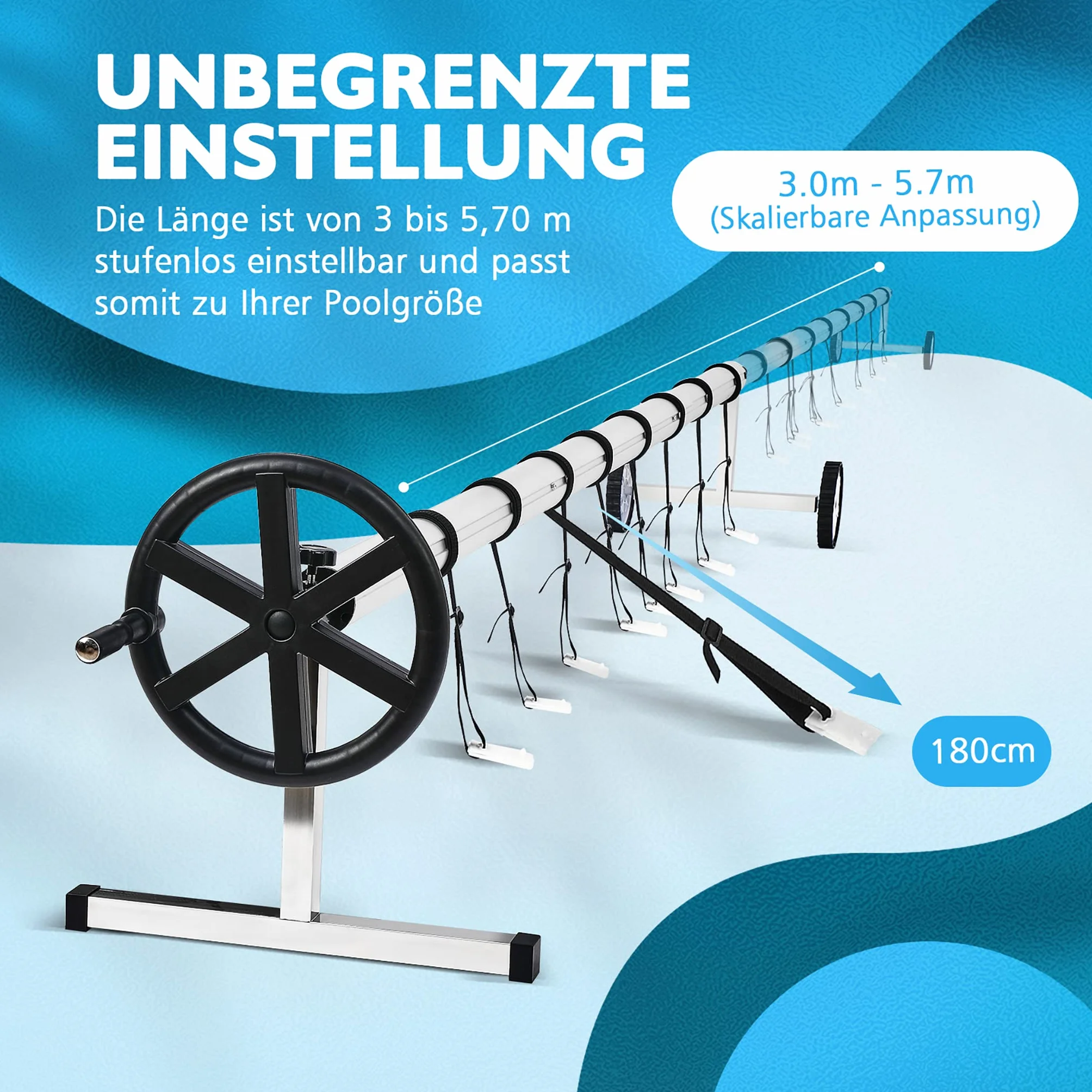 FIVMEN Pool Aufroller Poolabdeckung 3-5,7m Aufrollvorrichtung Mobiles für Plane, Premium Aufrollsystem inkl. Bänder Einstellbar Poolaufroller, Typ A