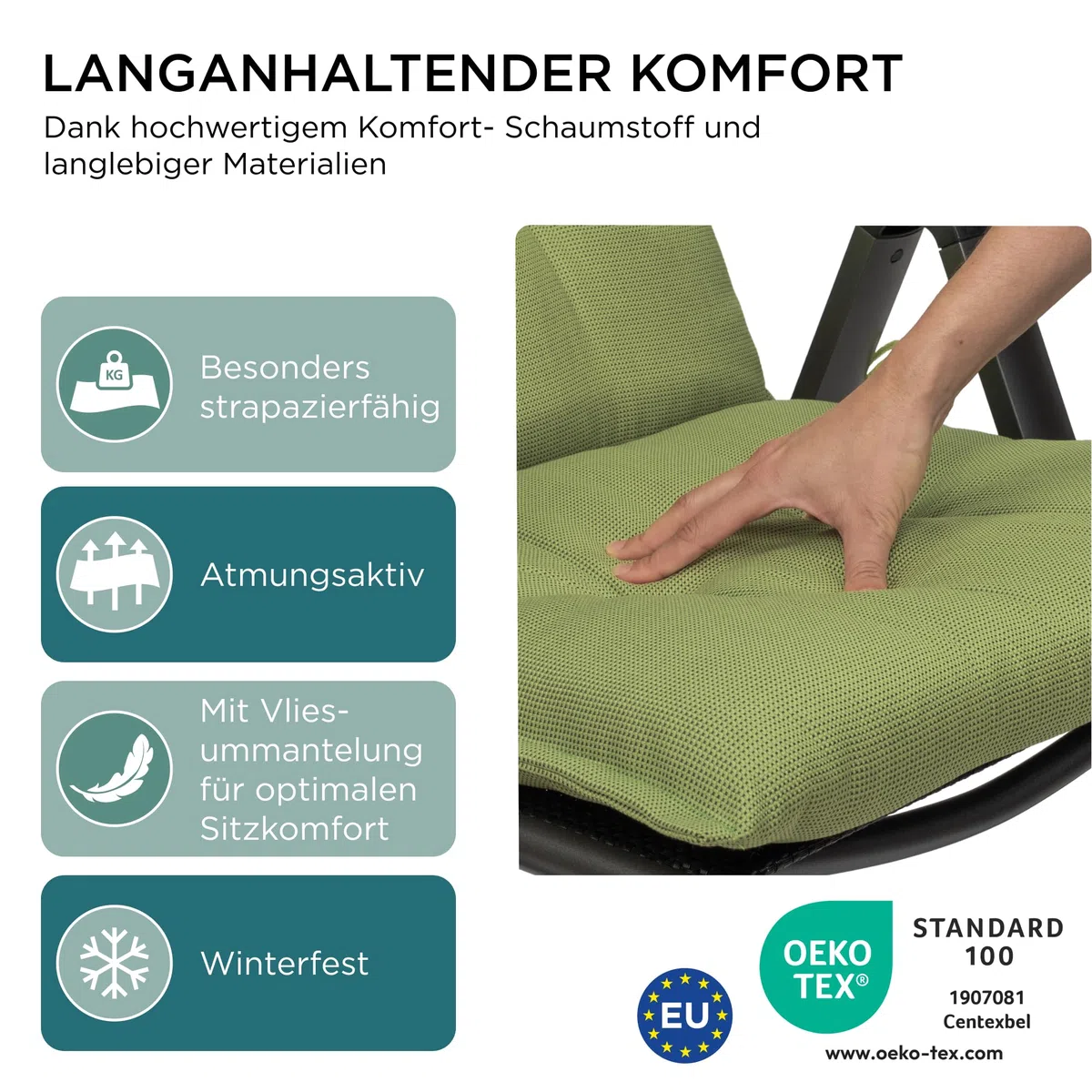 Gartenstuhlauflagen Hochlehner mit Kopfteil I Extra Dicke Sitzauflagen I Made in EU I Polsterauflagen für Hochlehner I Auflagen mit extra hoher Lichtechtheit I 2er Set I Grün