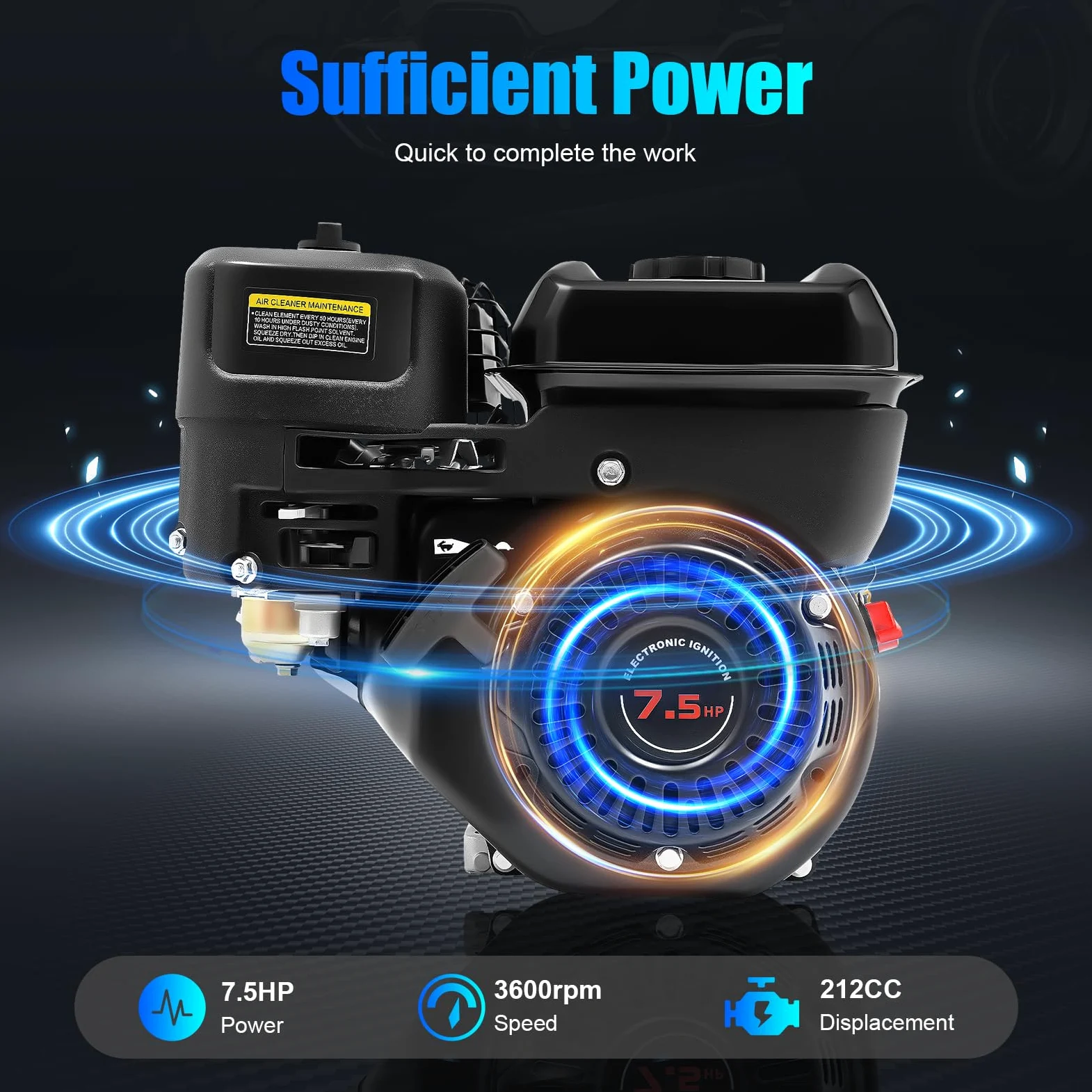 7.5PS 4-Takt-Benzinmotor, 212CC Standmotor, Go-Kart Motor mit Schalldämpfer & 3.6L Tank, 1 Zylinder Engine Benzin Motor, Viertaktmotor Leichtstartmotor, 3600 U/min