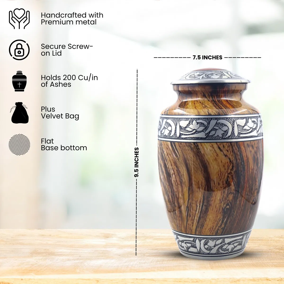 Gravierte silberne Blumen-Urne für Erwachsene – große handgefertigte Columbarium-Urne – Holz-Textur, 512 cm³ – inkl. Tasche