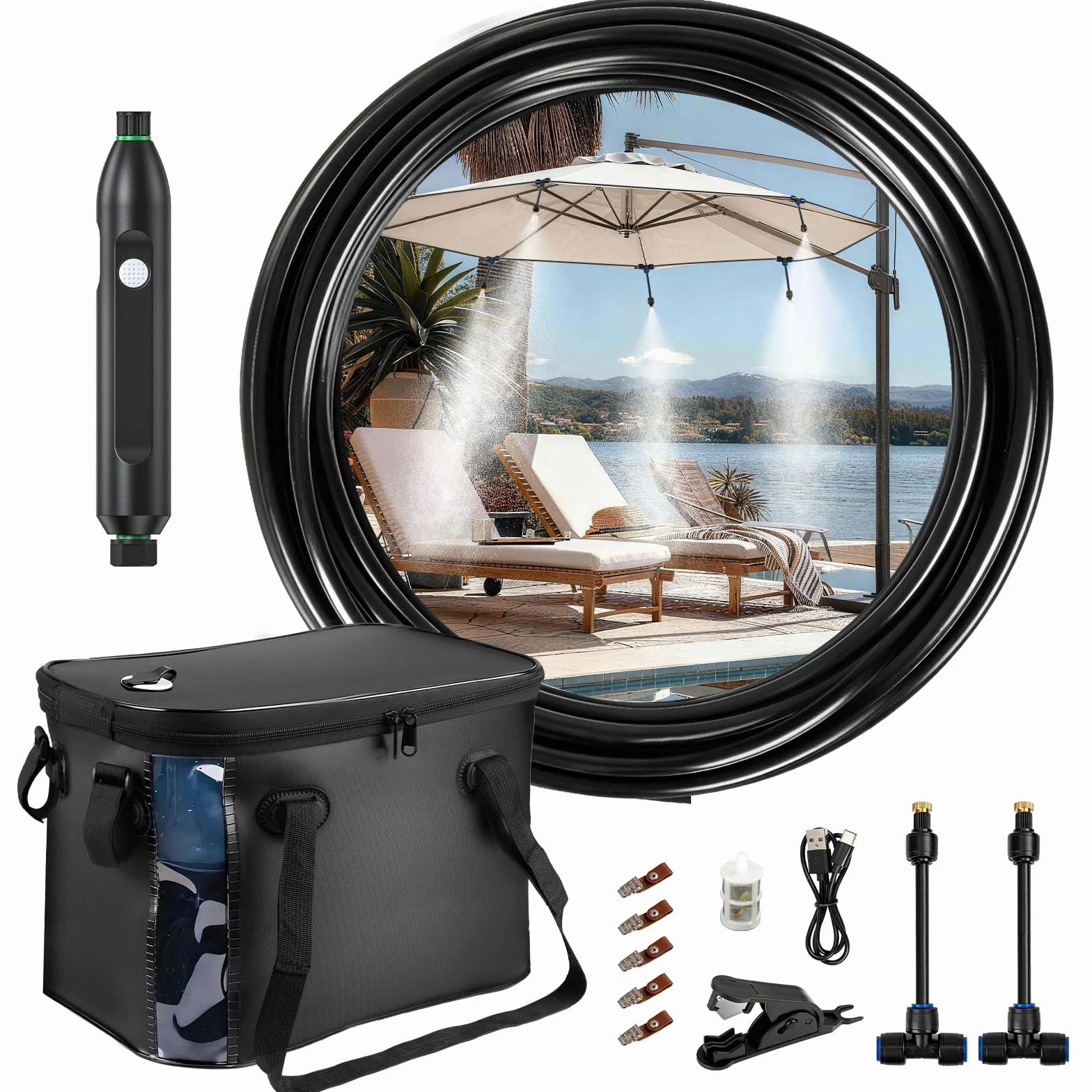 26 FT Tragbare Misters für Außenterrasse - Outdoor-Misters für Sommerkühlung, tragbares Besprühungssystem mit 4500mAh Wasserpumpe, 20L Eimer, 8 Düsen, Wassernebler für Terrasse/Schirm/Camping