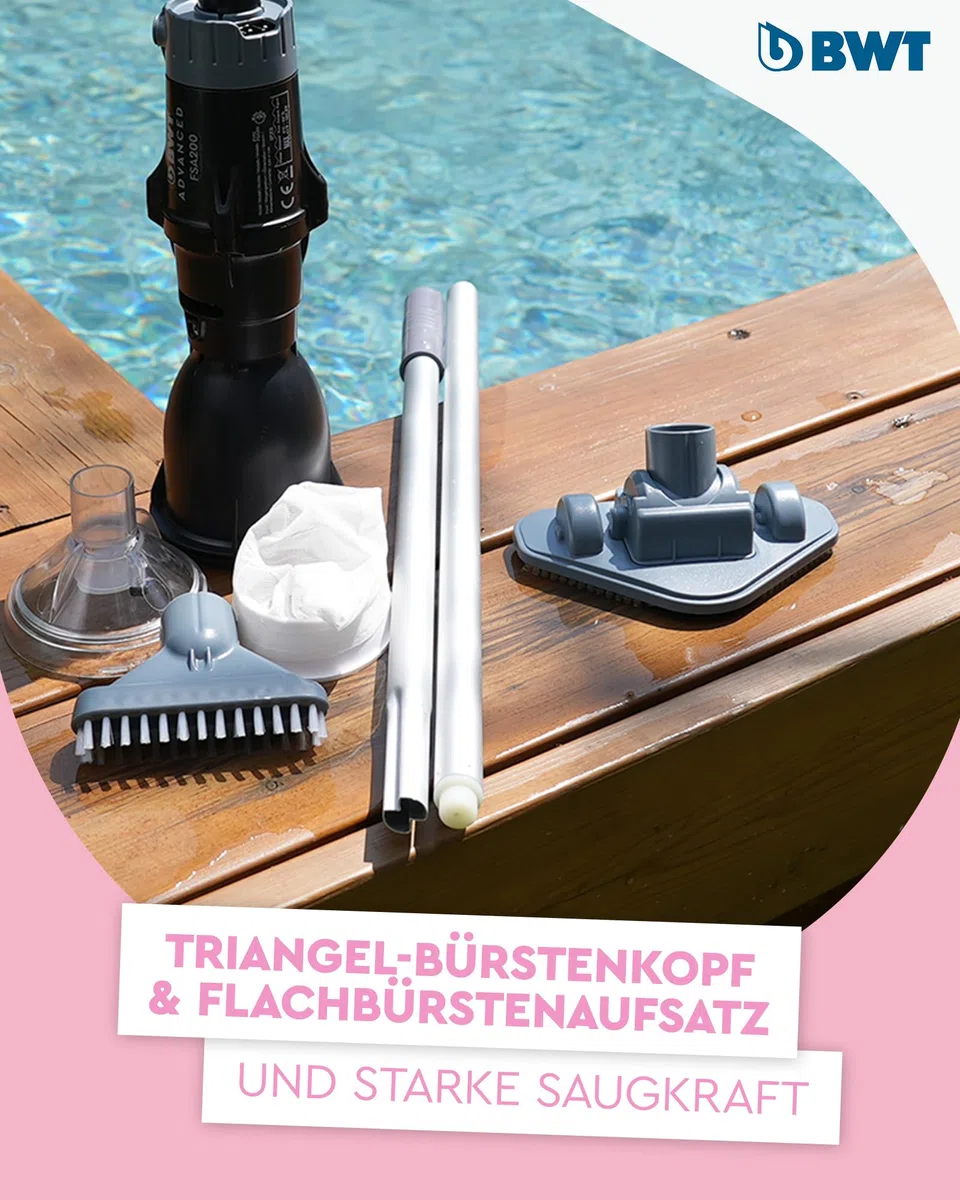 BWT Poolsauger Akku (FSA200, mit Standard-Poolstange) | Effiziente Reinigung von Pools | Kabelloser Betrieb | Poolroboter | Pool Zubehör | Poolreiniger mit Flachbürstenaufsatz | Pool Bodensauger