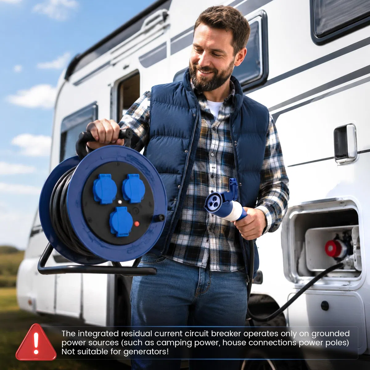Adapterkabel 150 cm Schuko auf CEE mit Integriertem FI-Schutzschalter – CEE Verlängerungskabel, Starkstrom Verlängerungskabel, Camping Stromkabel & CEE Kabel mit FI Steckdose für Wohnmobil – IP44/IP55
