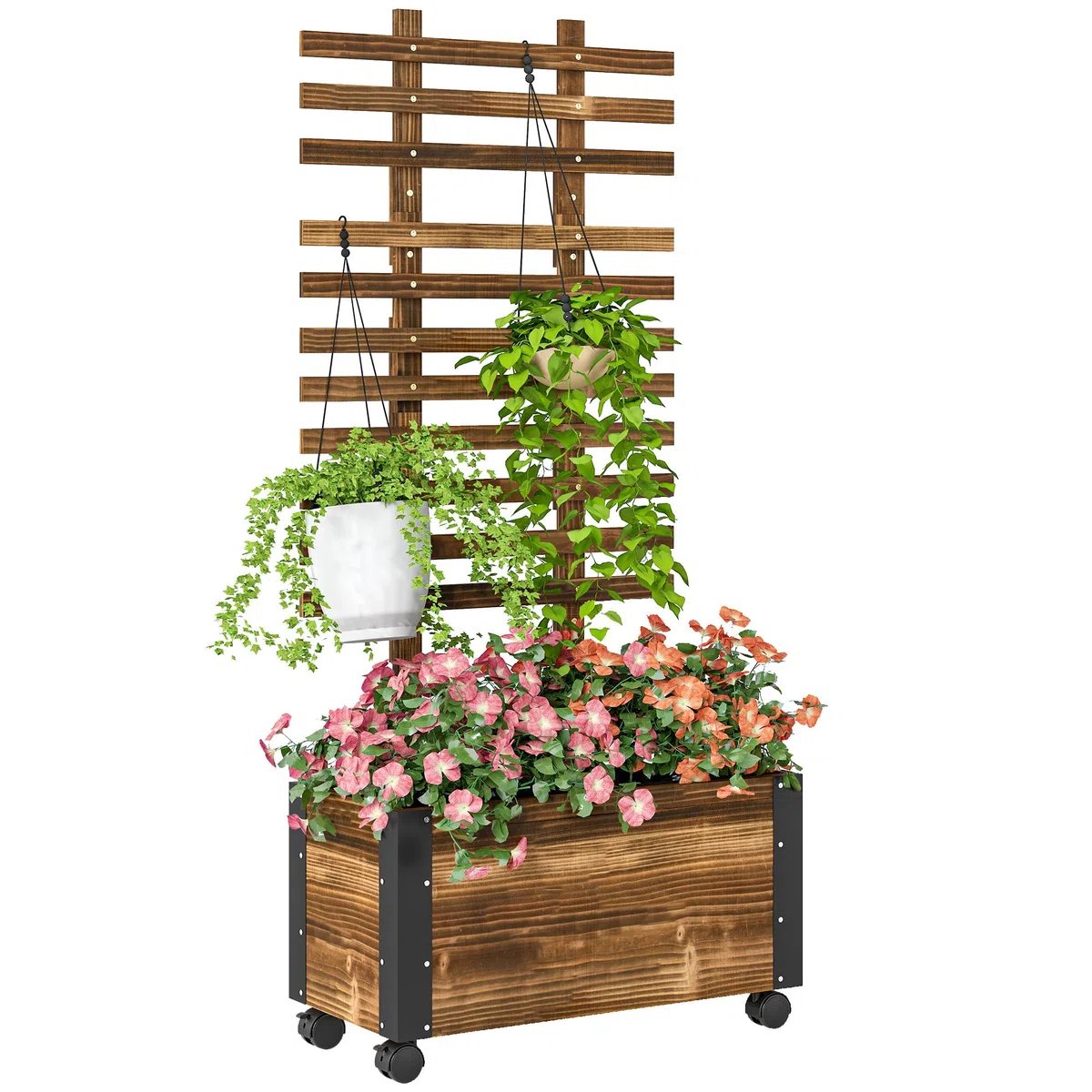Outsunny Hochbeet Pflanzkasten mit Rankgitter, Spalier Pflanzkübel Blumenkasten Holz, Gemüsebeet mit Rollen, Rankhilfe, Gartenspalier 65x31x147cm für Garten, für Kletterpflanzen, Blumen, Verkohlt