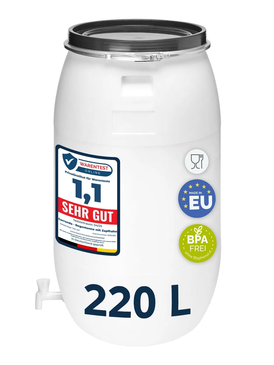 Garronda 220 Liter Regentonne mit Deckel mit Hahn Weithalsfass aus HDPE Regenfass für Garten Fass Regenwassertonne Futtertonne Wasserbehälter Universalfass Wasserfass Wassertank GD-0091 Weiß