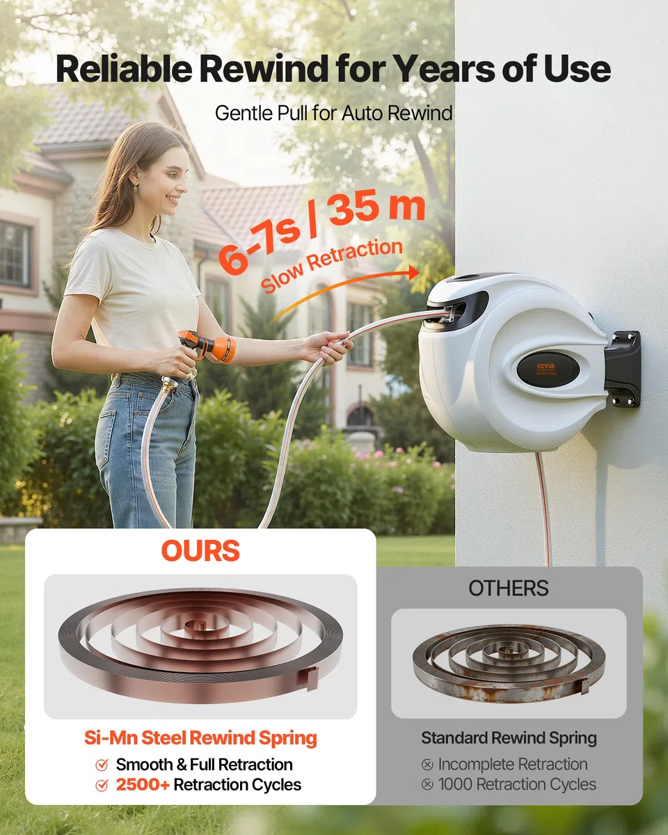 VEVOR Schlauchtrommel Wasser 35mx12mm mit Wandhalterung Tragegriff Schlauchaufroller mit 9-Muster-Sprühdüse & Gartenschlauch 180° Schwenkbar Wand-Schlauchbox mit Aufroll-Automatik Gießen Autowaschen