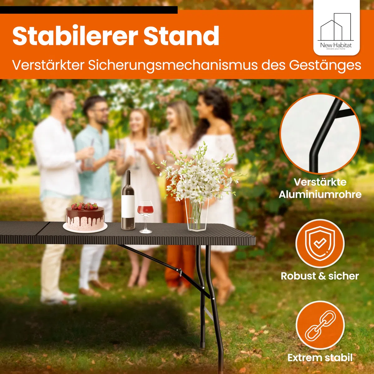 NewHabitat Buffettisch klappbar – Gartentisch klappbar aus Polyrattan I Biertisch wetterfest & faltbar I Stabiler Klapptisch für Garten, Festivals, Camping & Outdoor-Events (Schwarz)