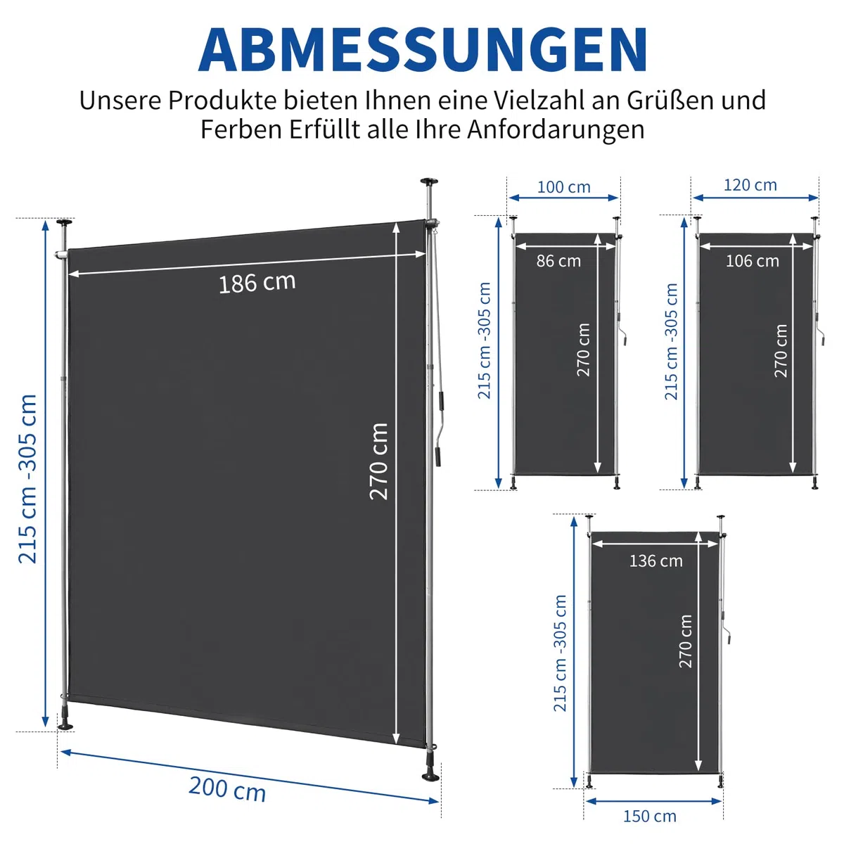 LEADZM Klemmmarkise Senkrechtmarkise 200x305 cm,Ausziehbar & Blickdicht, UV-Schutz 50+ & Wasserfest, Ohne Bohren mit Handkurbel für Garten, Terrasse, Balkon&Wohnzimmer,Anthrazit