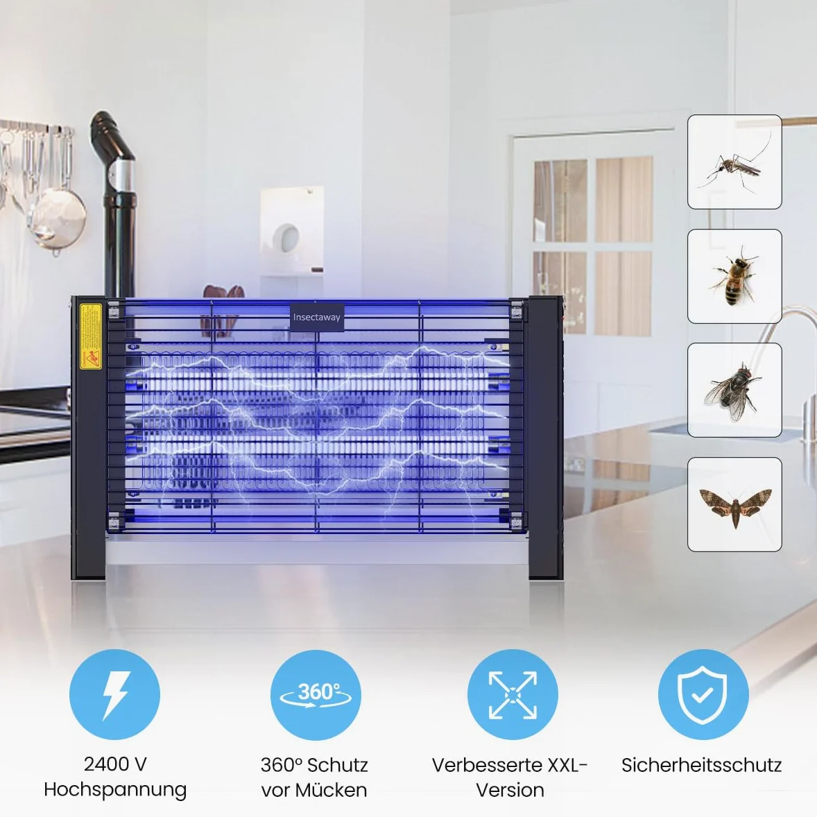 Insektenvernichter Elektrisch 2PCS, mit Doppeltem Raster, XXL, 2400 V 20W, 4 T8-Lampen, Fliegenfalle Elektrisch Mückenfalle Insektenfalle, Mückenlampe mit Wandkette für Innen AuÃŸen Mücken, Fliegen