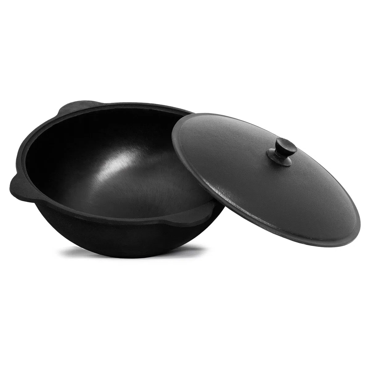 Wok Gusseisen 12 L (runder Boden) Kazan mit Schaumkelle NAMANGAN Uzbek Kasan Uzbekisch Asia WOK Cast Iron KESSEL Camping Usbek Schwenktopf Topf mit Aluminium Deckel Grillwok Gusstopf Wokpfanne