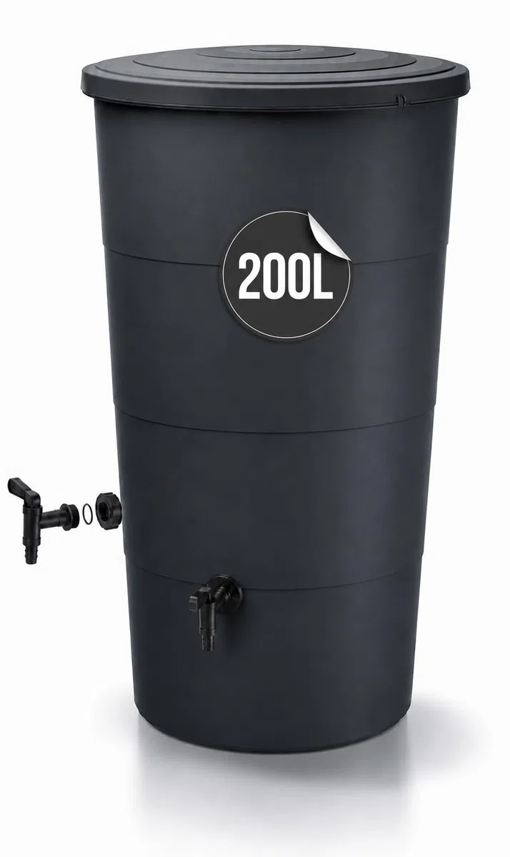 Tymar Regentonne Anthrazit, Regenfass 200L, Wassertonne mit Wasserhahn, Regenwassertank für Garten & Balkon, Regenwassertonne Ø60x107cm_IDSM