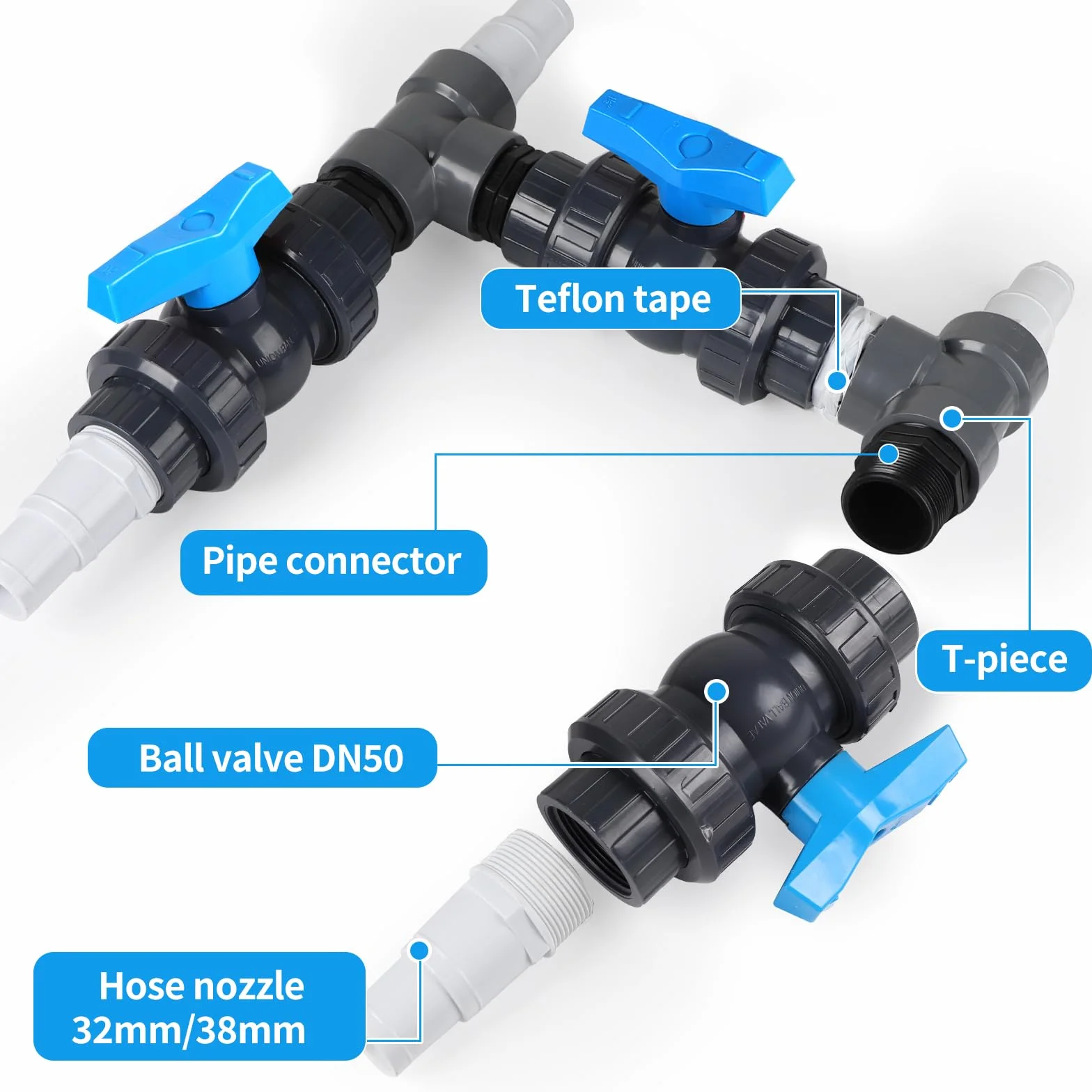 SWAWIS Pool Bypass Set 32/38mm Wärmepumpe Pool Bypass Poolheizung Wärmepumpe Solar Heizung PVC Rohr Kugelhahn DN50, Präzise Regulierung des Wasserdurchflusses