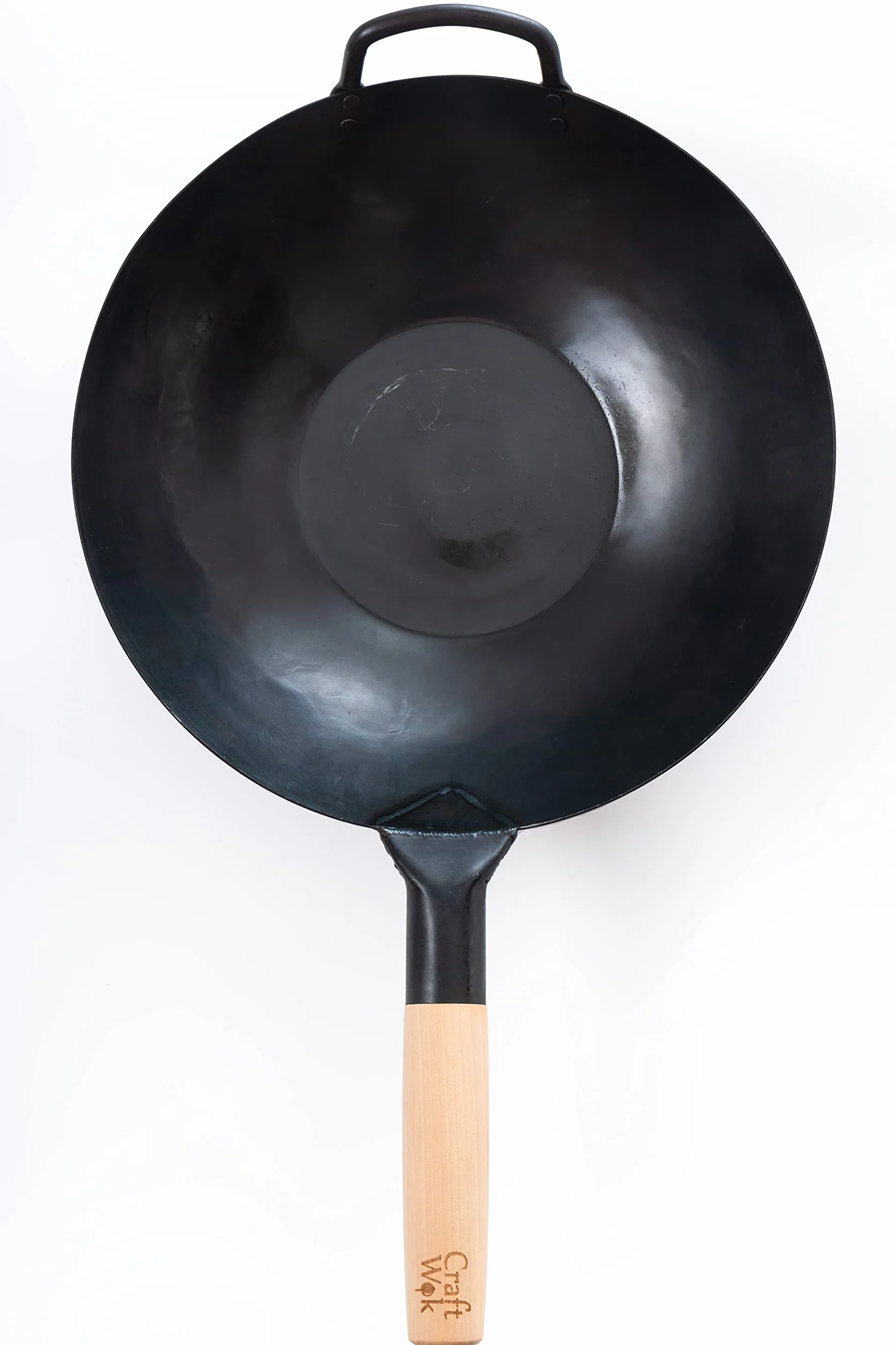 Craft Wok Black13 By Flacher, vorgeworfener Hämmerung Kohlenstoffstahl Wok mit Holz- und Stahlhilfsgriff (13 Zoll, flacher Boden)