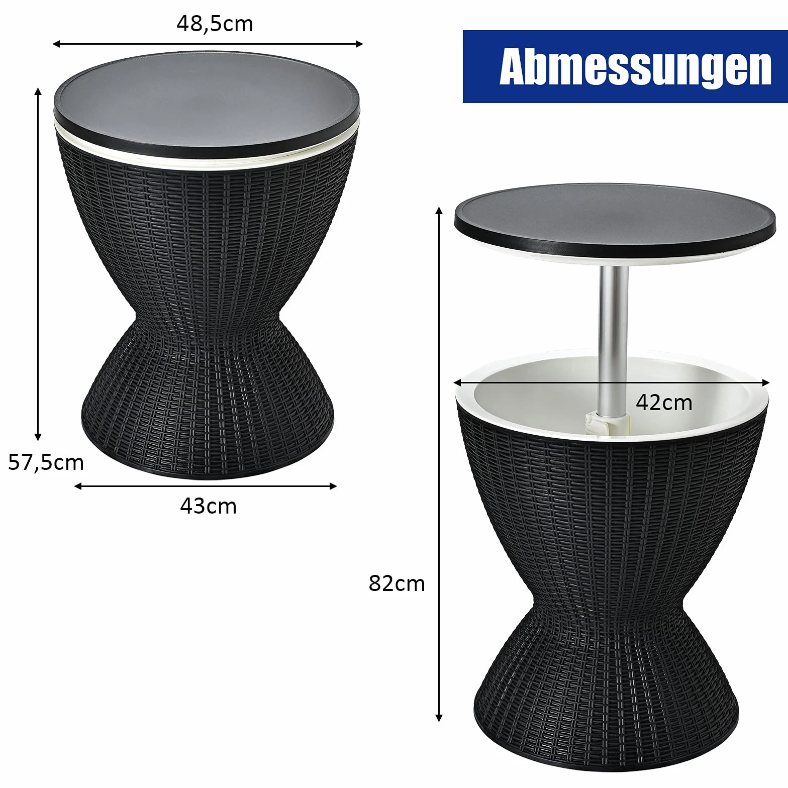 COSTWAY 3 in 1 Cool Bar, höhenverstellbarer Beistelltisch, 30L Outdoor Bier- und Weinkühler in Rattanoptik, Getränkekühler mit Abflussloch, für Terrasse, Party, Poolbereiche, Schwarz