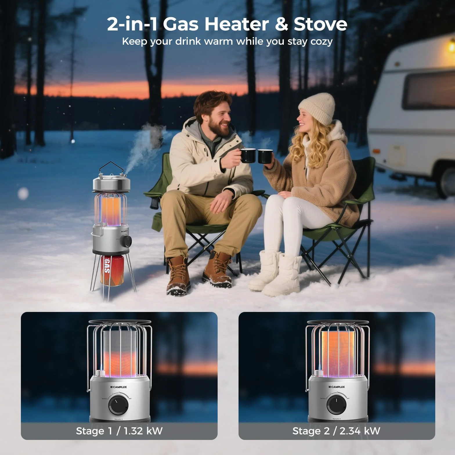 CAMPLUX Nano Tragbarer Gasheizer, 2,34 kW, 2 Stufen, 360° Outdoor-Heizung, 29 mbar Butan, ODS & Kippschutz, Ideal für Camping, Angeln & Garten, NanoAir 2