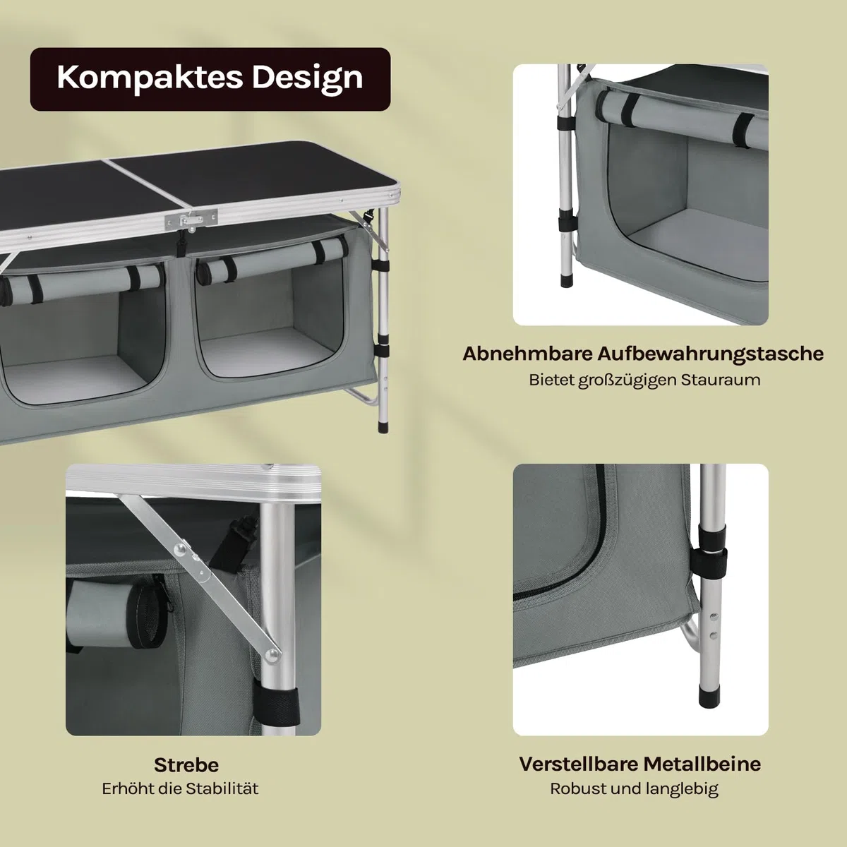 WOLTU faltbar Campingschrank Alu Campingtisch Höhenverstellbar mit Stauraum, Outdoor Campingmöbel Klapptisch Gartentisch für Picknick Strand im Freien, Schwarz+Grau