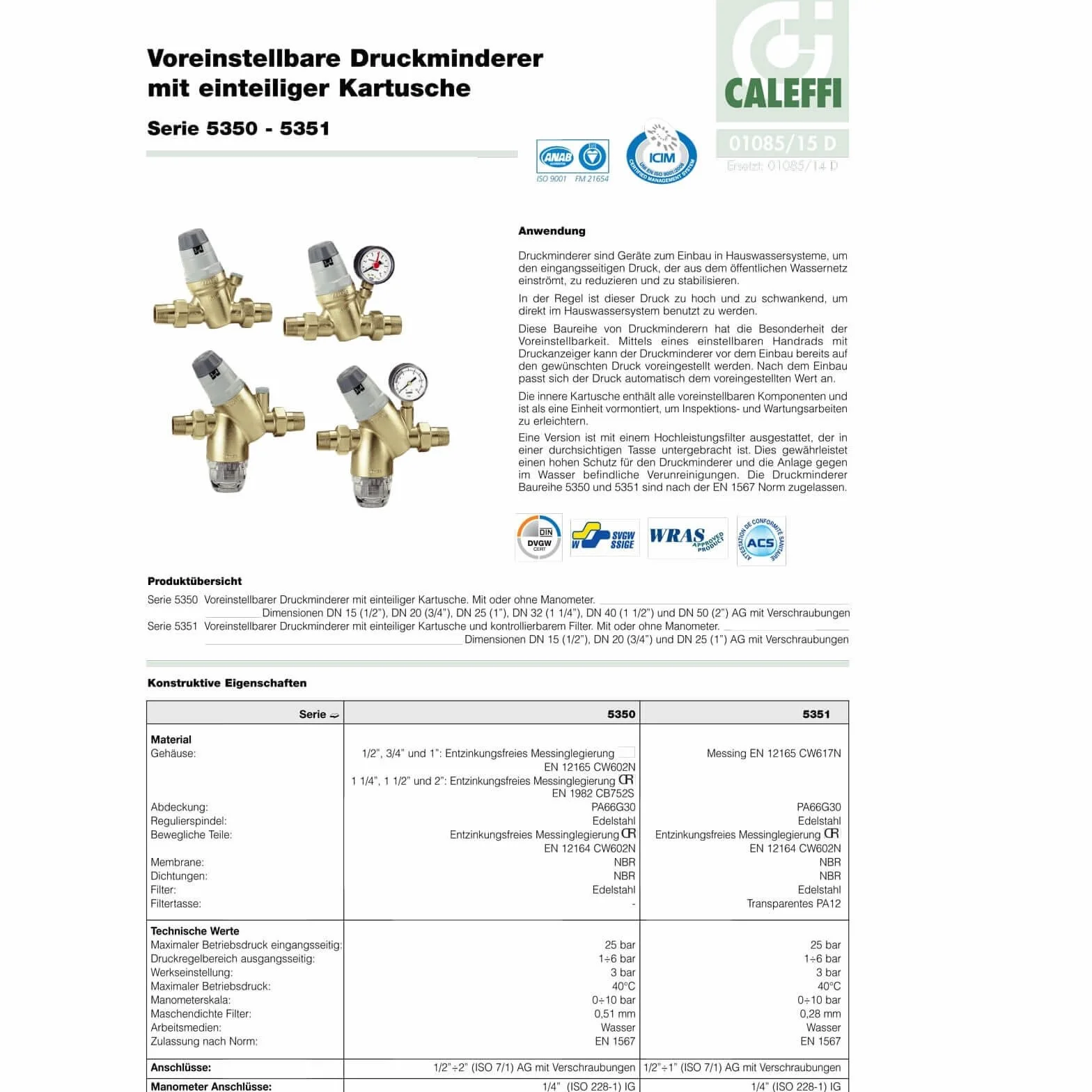 Caleffi Wasserdruckminderer 1/2 Zoll DN15 Druckminderer für Wasser mit Austauschbarer Kartusche und Manometer, Druckminderungsventil, Druckregler 535041, mehrfarbig