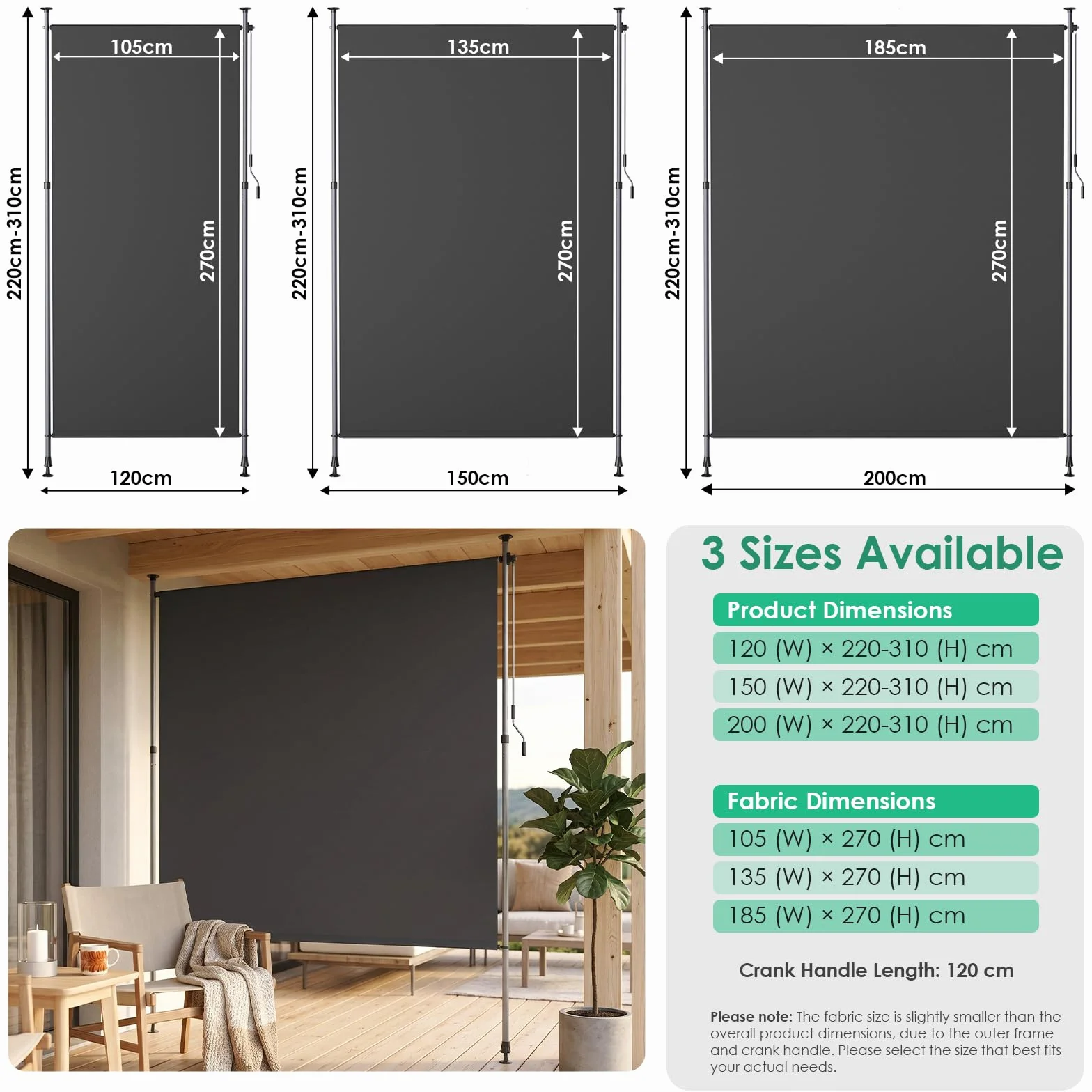 LIFERUN 120x310cm Senkrechtmarkise Balkon Außen ohne Bohren, Vertikalmarkise,Markise Balkon Garten Terrasse Außenrollo Klemmmarkise Sichtschutz Sonnenschutz,Wetterfest Windschutz,2 PCS Stangen