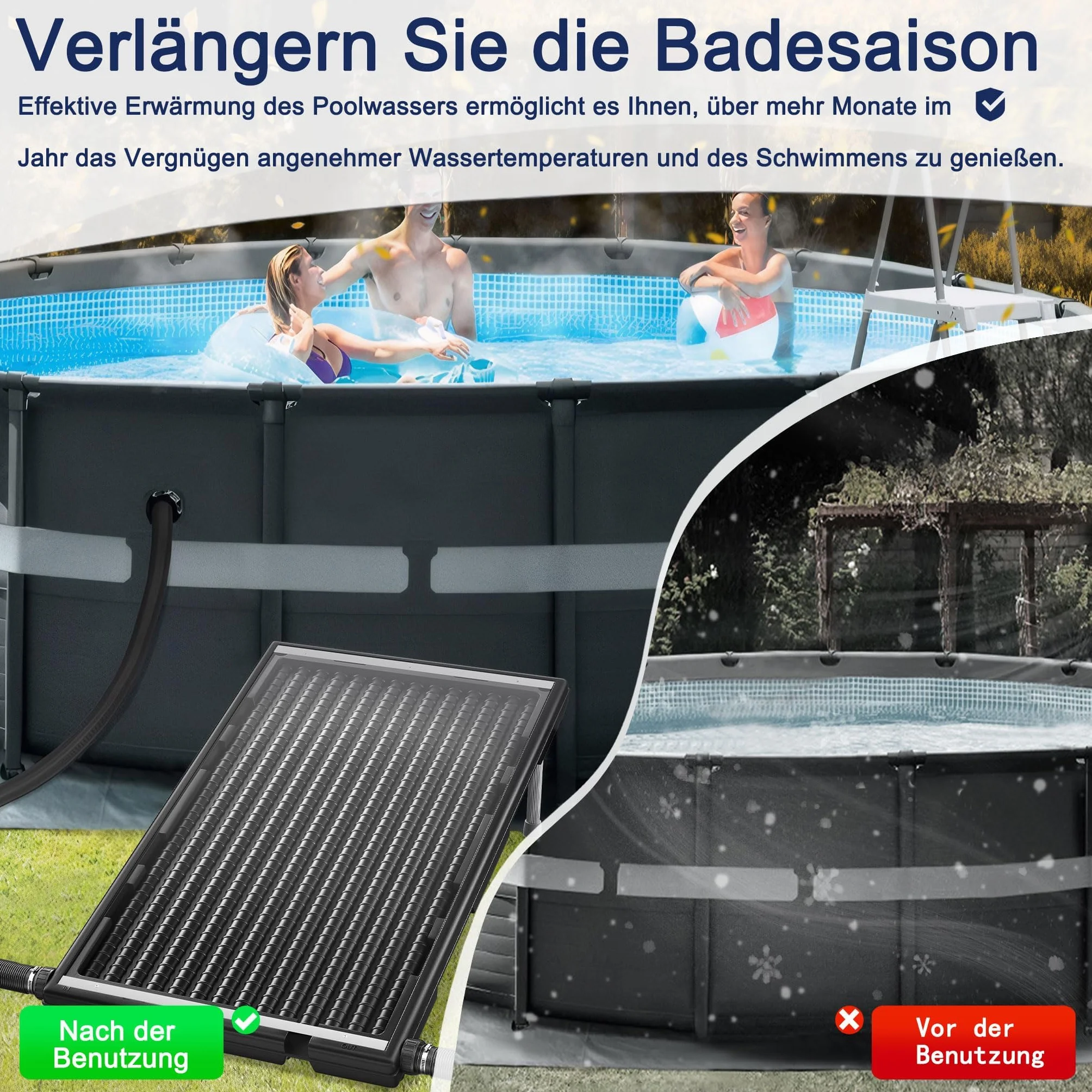 UISEBRT Solar Pool Heater, UV-beständiger Kunststoff mit Schutzplatte gegen Staub & Blätter, 111.5x66x6.5 cm, Aluminium-Standfüße, Solarkollektor für Gartenpool, Badesaison verlängern，1er Set