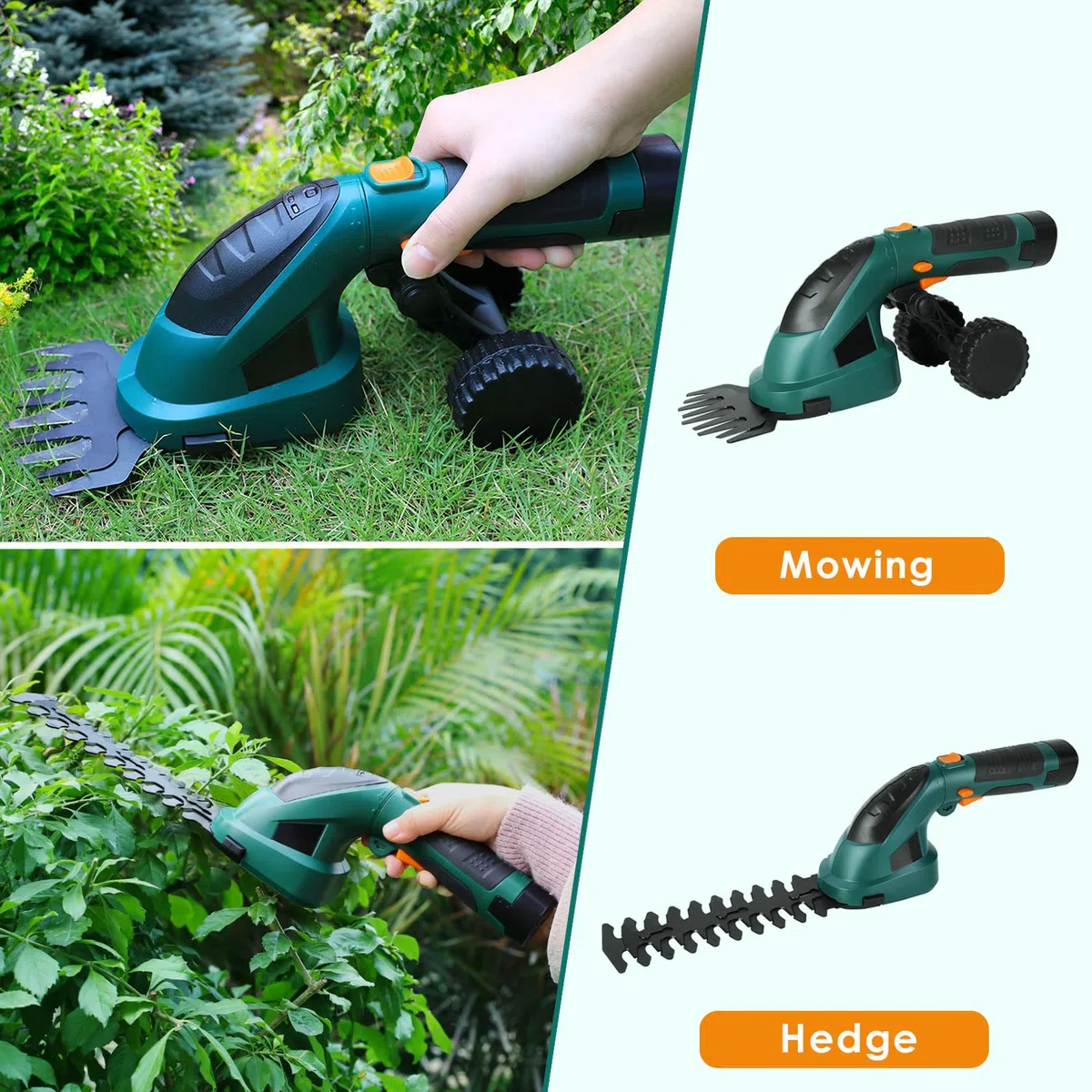 Akku-Grasschere 7,2V 2000mAh 2-in-1 Rasenschere Heckenschere mit Teleskopstiel Akku und Ladegerät Strauchtrimmer handliche Grasscheren mit 2 Verschiedene Messer