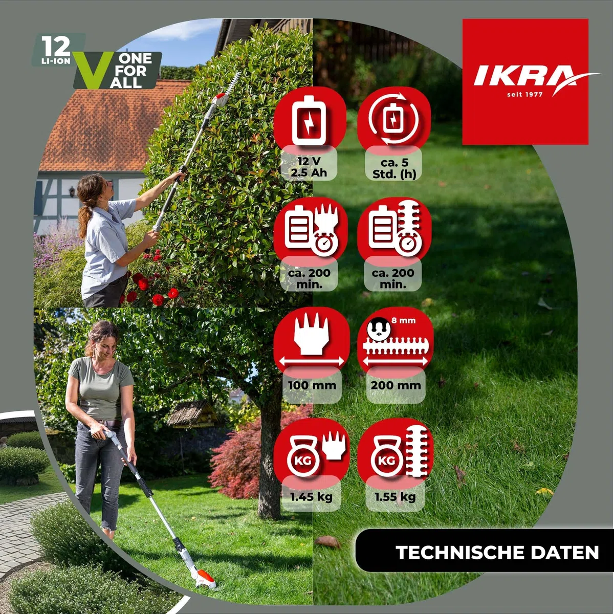 IKRA Akku Grasschere & Buschschere IGBS 1210F, inkl. Teleskop Verlängerung | Inkl. Akku 12V & Ladegerät, 7-fach winkelverstellbarer Griff, Messer Made in Germany, kompatibel mit IKRA 12V Akku-Familie