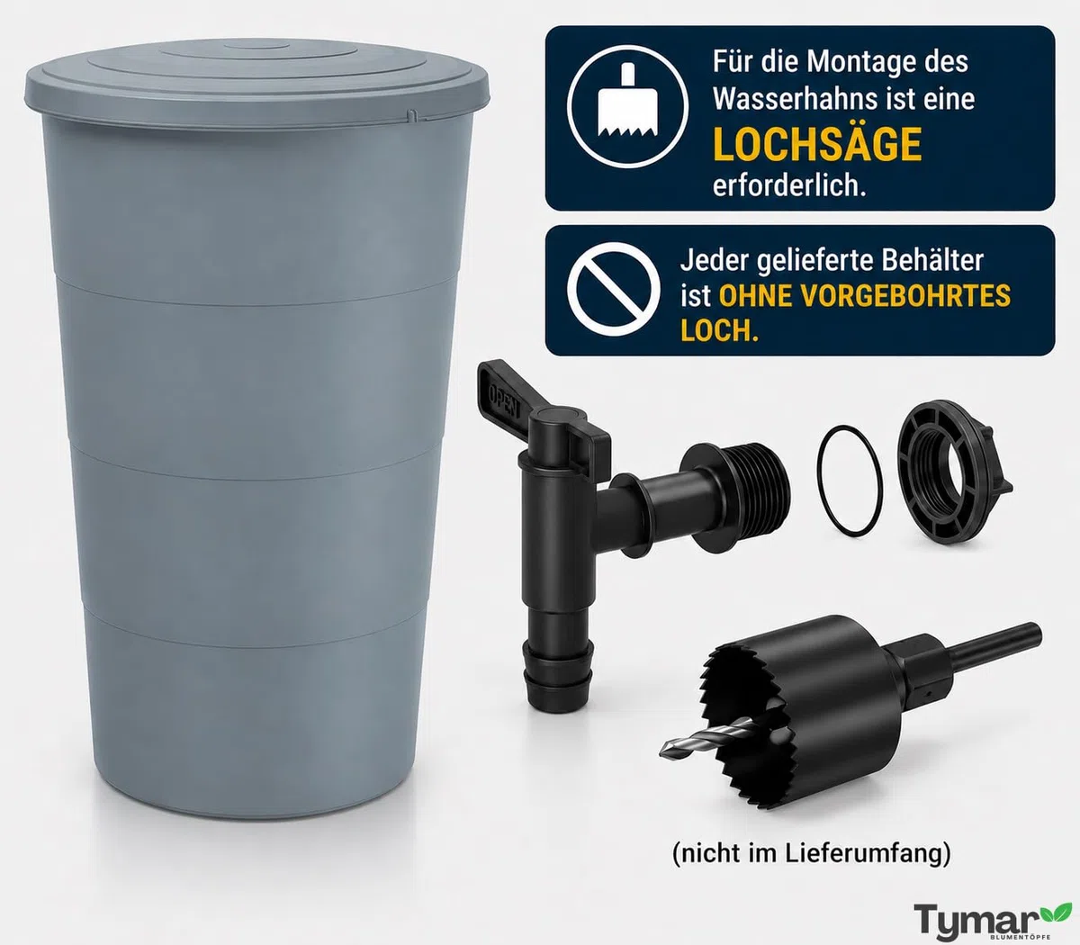 Tymar Regentonne Anthrazit, Regenfass 200L, Wassertonne mit Wasserhahn, Regenwassertank für Garten & Balkon, Regenwassertonne Ø60x107cm_IDSM