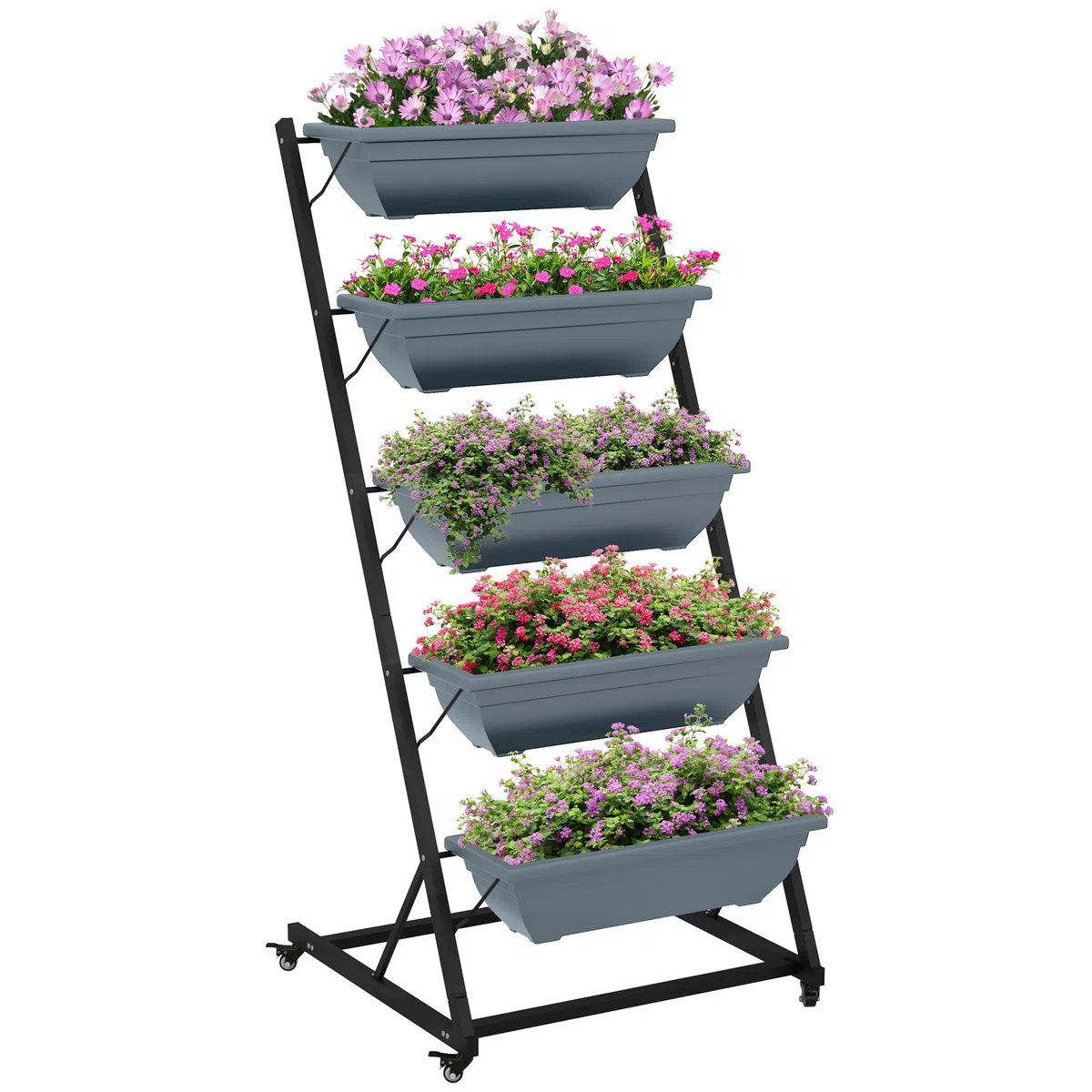 Outsunny 5-Etagen Pflanzenständer, 145 cm hoch Blumenständer mit Rollen Töpfe, Pflanzenregal aus Stahl, mehrstöckig Blumenregal, Blumentreppe Blumentopfständer für Garten Balkon, Grau