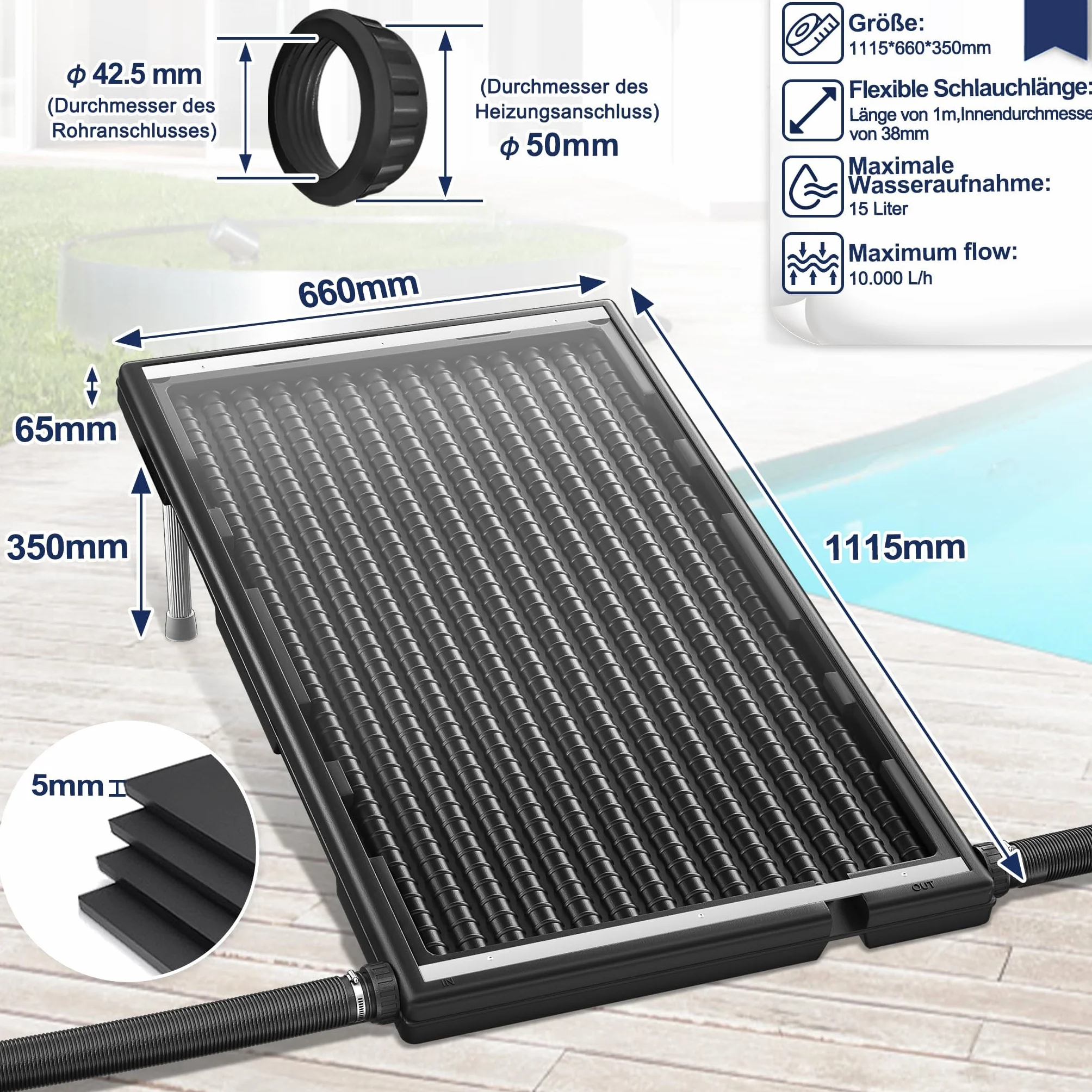 UISEBRT Solar Pool Heater, UV-beständiger Kunststoff mit Schutzplatte gegen Staub & Blätter, 111.5x66x6.5 cm, Aluminium-Standfüße, Solarkollektor für Gartenpool, Badesaison verlängern，1er Set